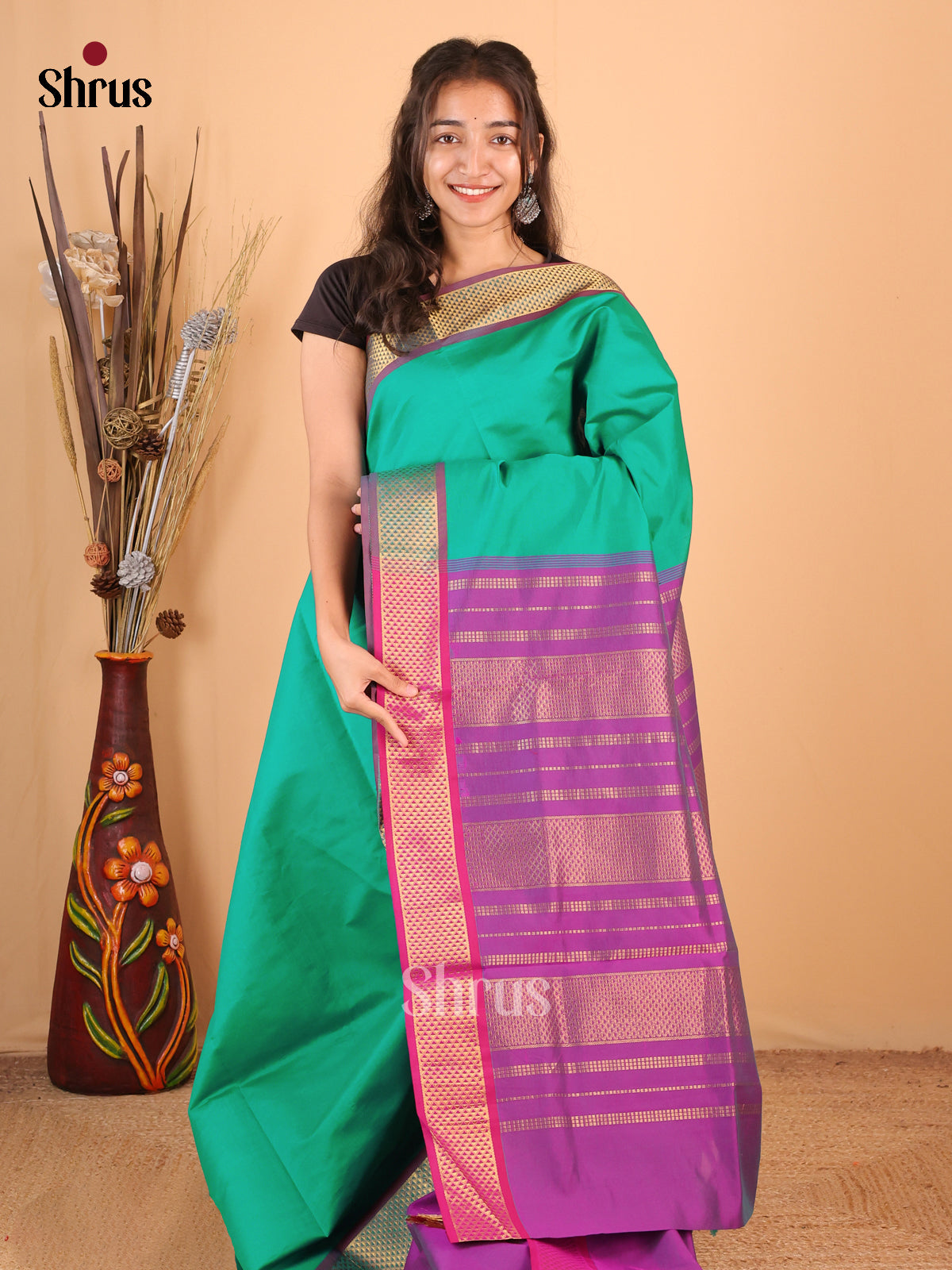 Green & Purple - Silkcotton-halfpure Saree - Shop on Shrus.com