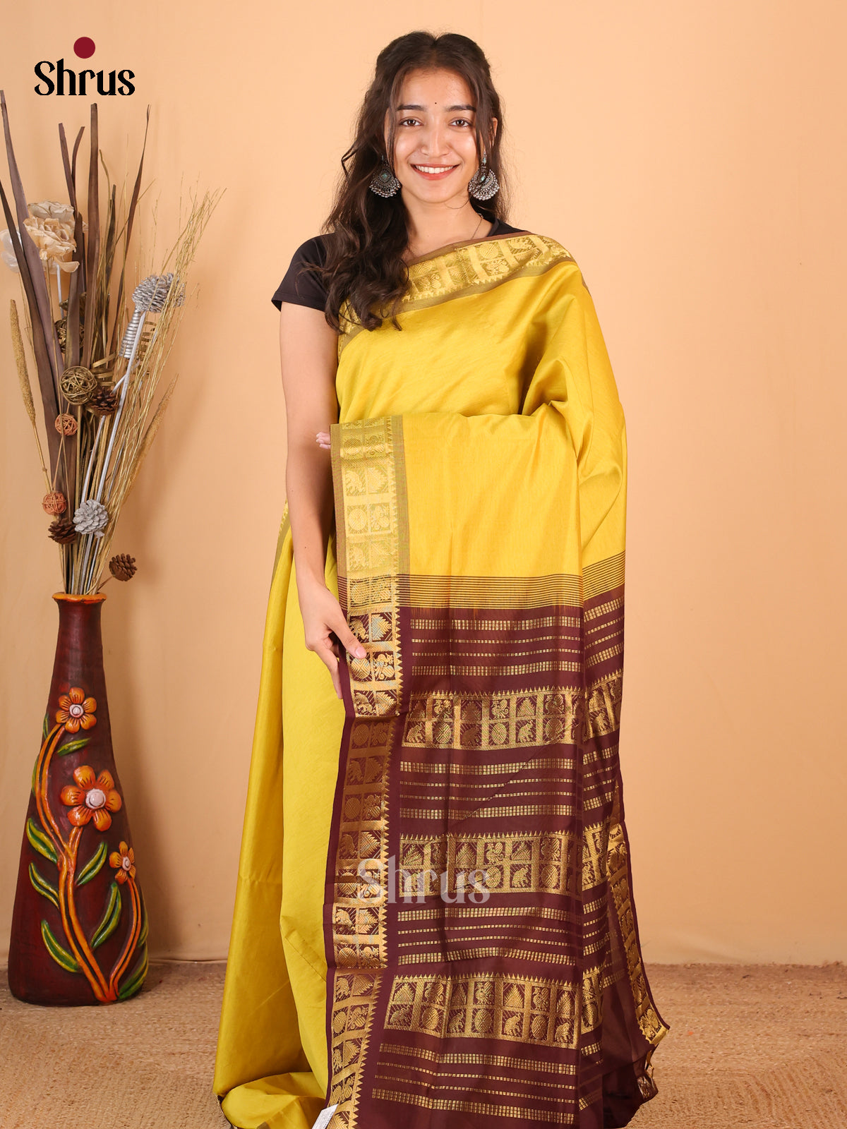 Yellow & Brown - Silkcotton-halfpure Saree - Shop on Shrus.com