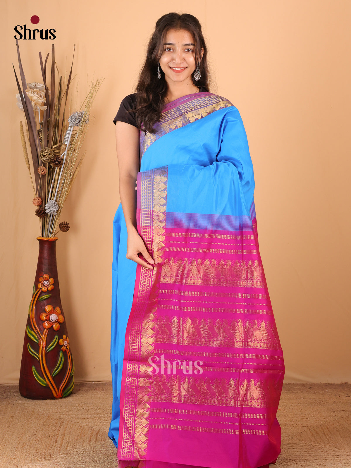 Blue & Pink- Silkcotton-halfpure Saree - Shop on Shrus.com