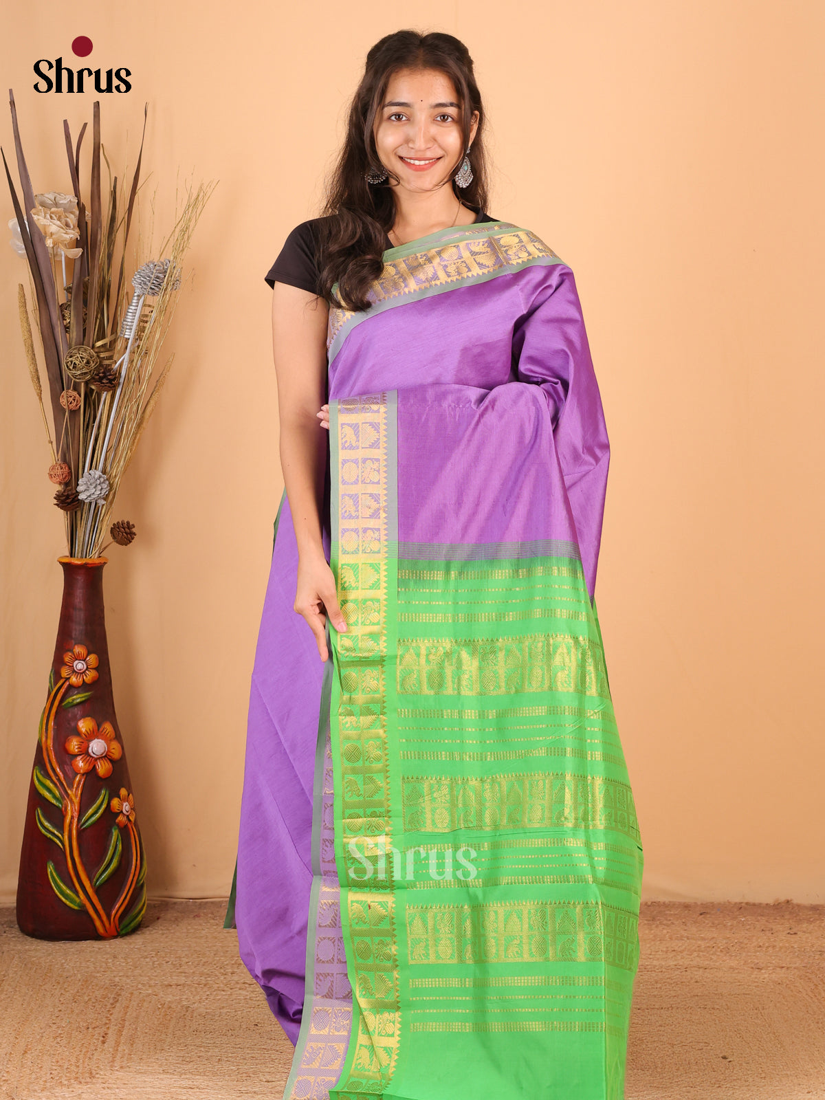 Purple & Green - Silkcotton-halfpure Saree - Shop on Shrus.com