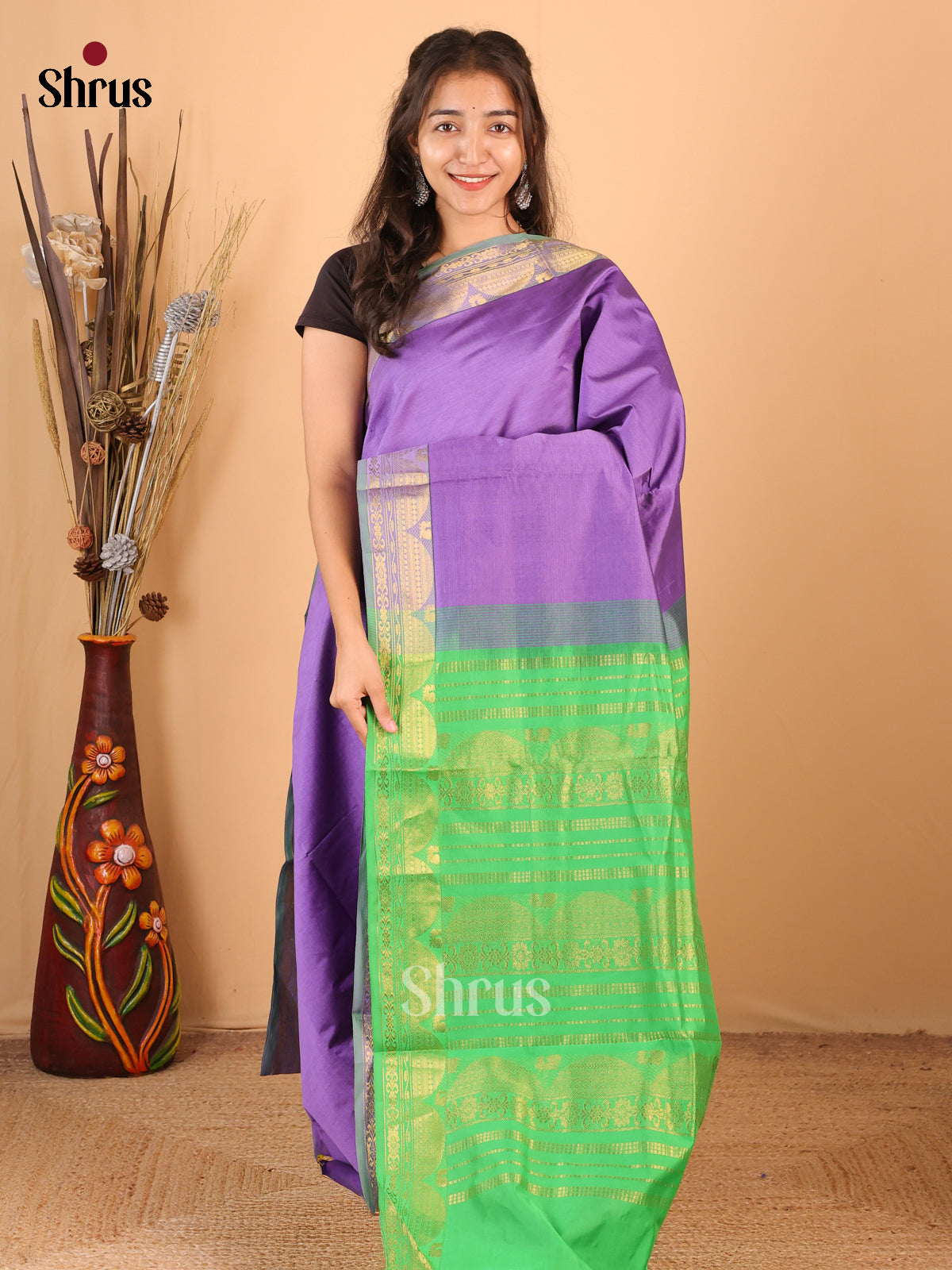 Purple & Green - Silkcotton-halfpure Saree - Shop on Shrus.com