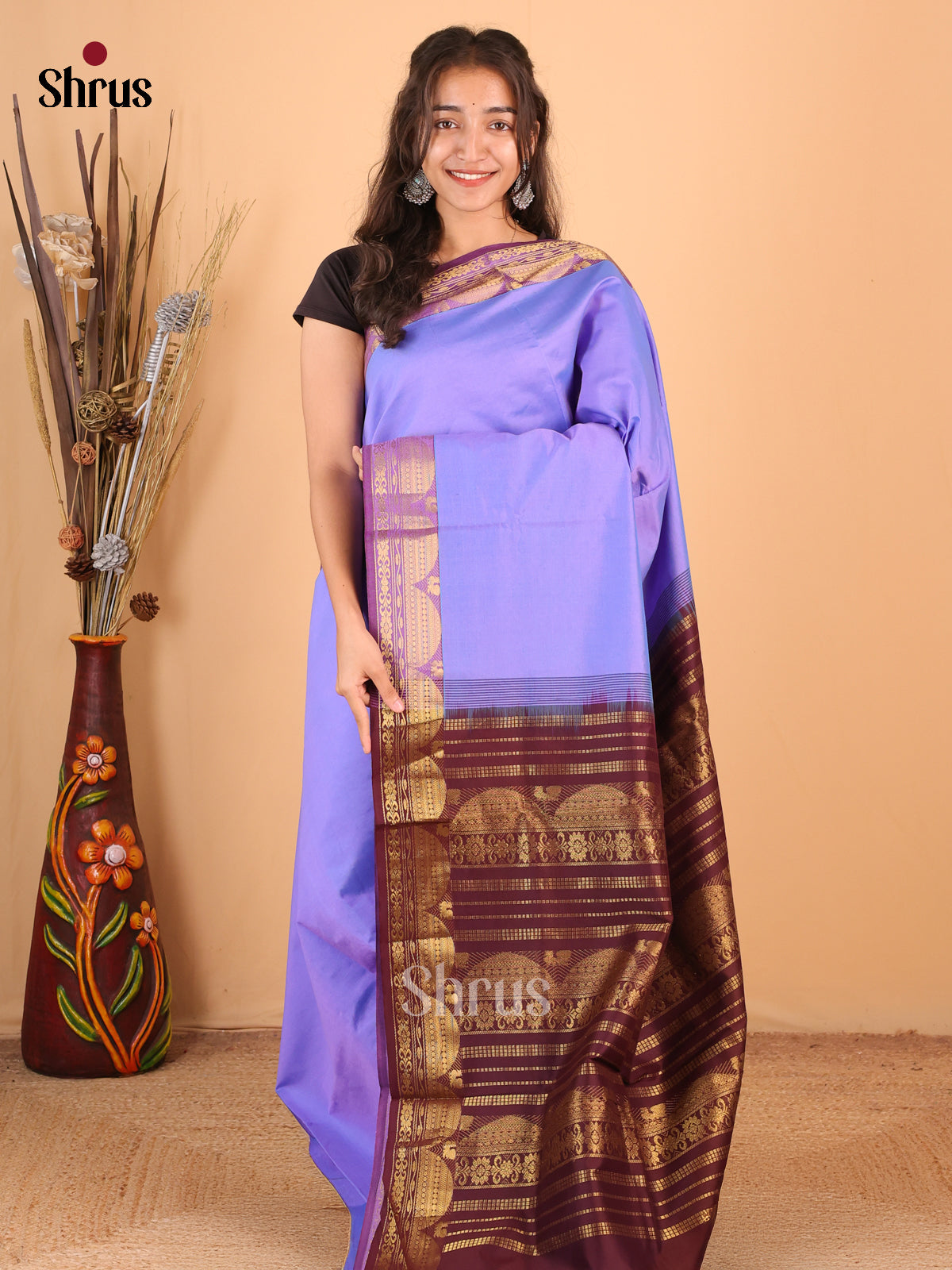 Purple & Brown - Silkcotton-halfpure Saree - Shop on Shrus.com