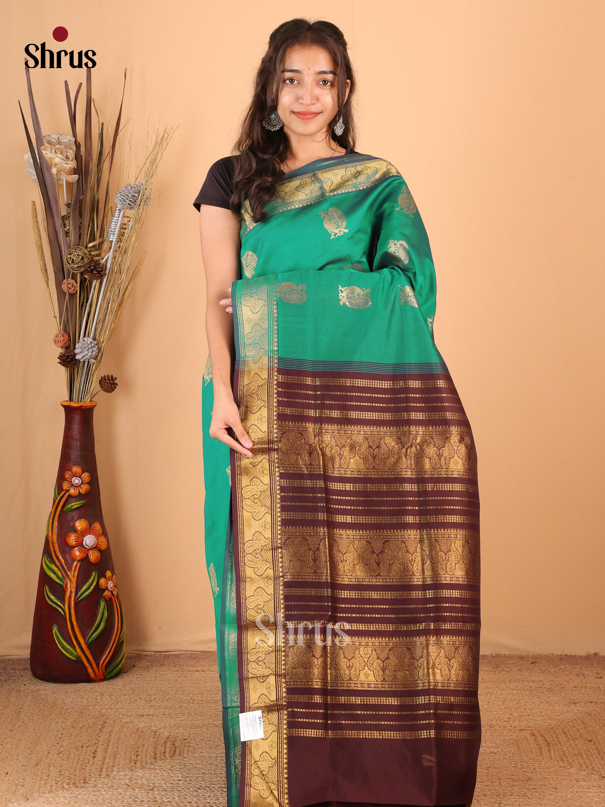 Green & Brown- Silkcotton-halfpure Saree - Shop on Shrus.com