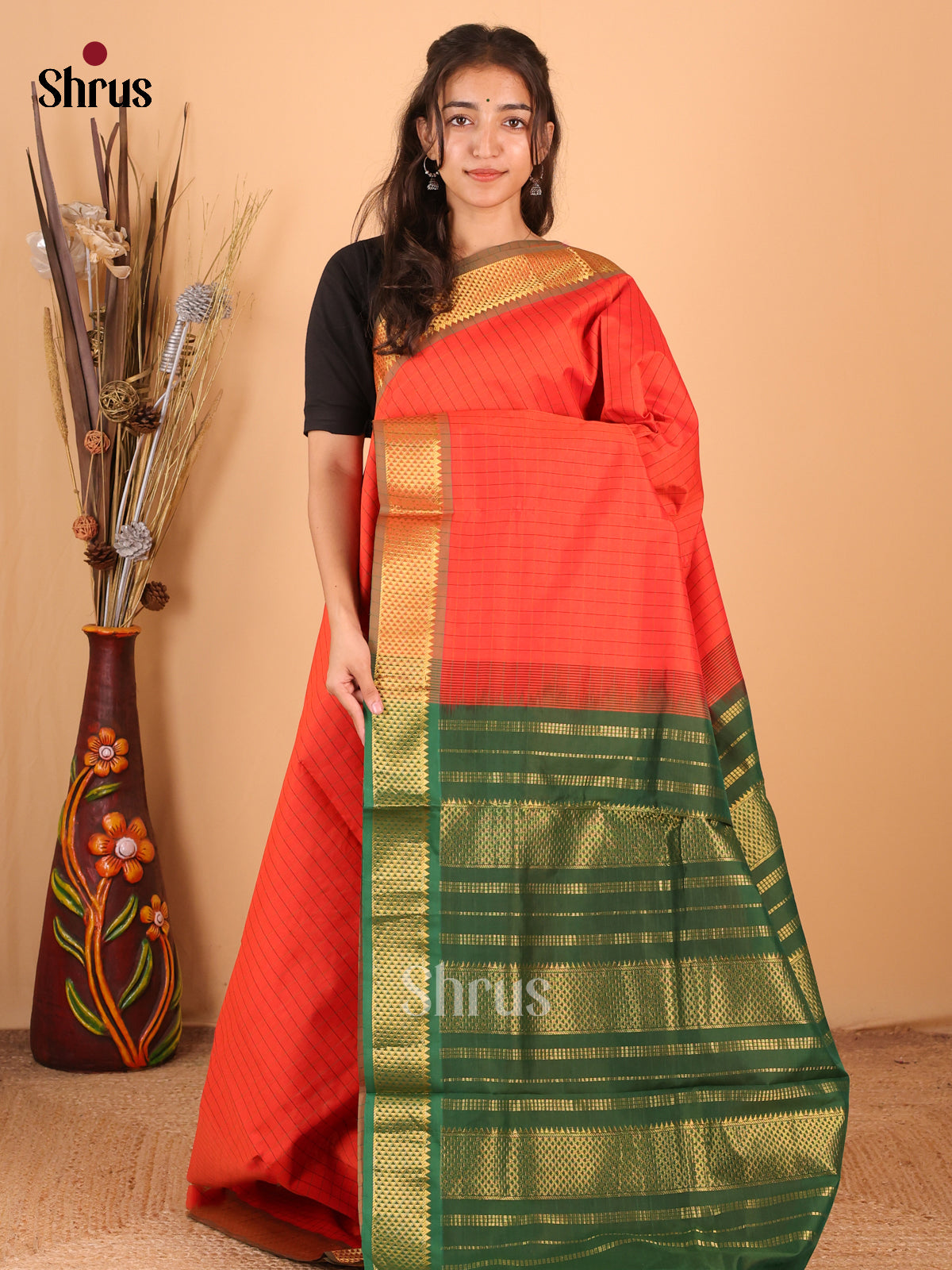 Red & Green - Silkcotton-halfpure  Saree - Shop on Shrus.com