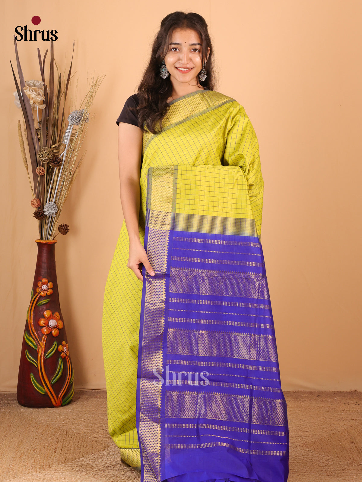 Mustardy Green & Blue - Silkcotton-halfpure Saree - Shop on Shrus.com