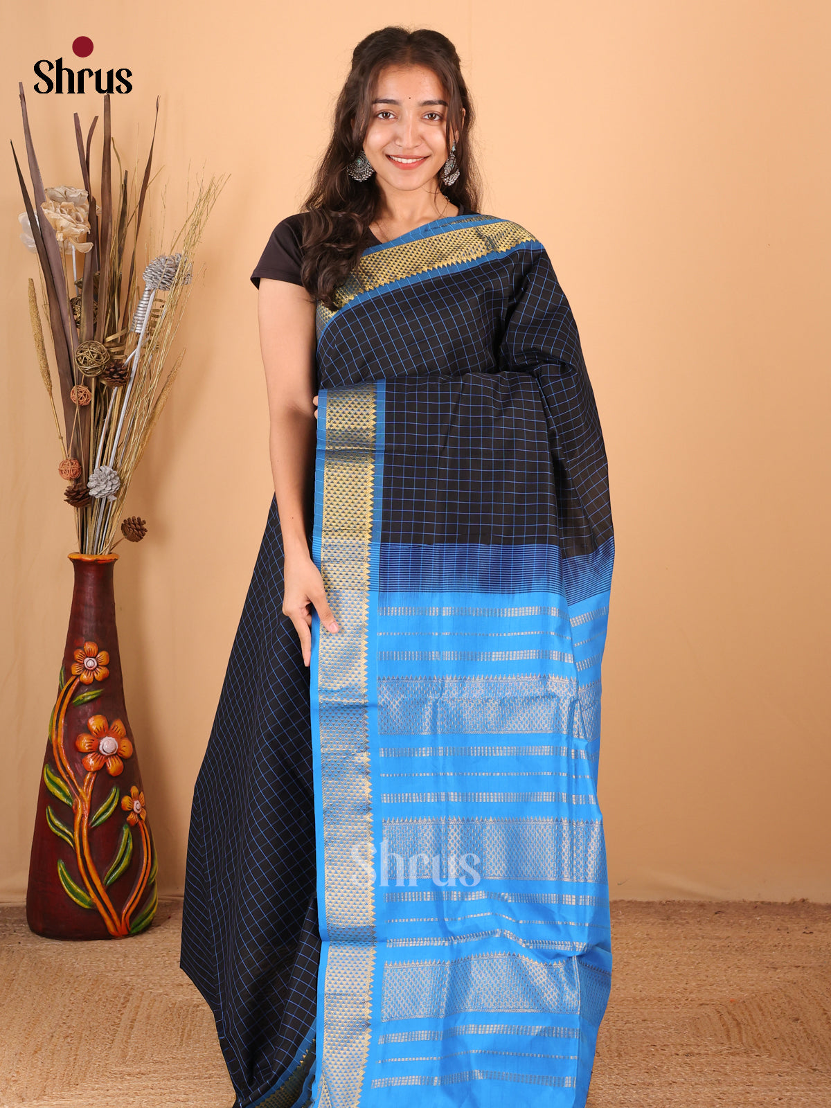 Black & Blue - Silkcotton-halfpure Saree - Shop on Shrus.com