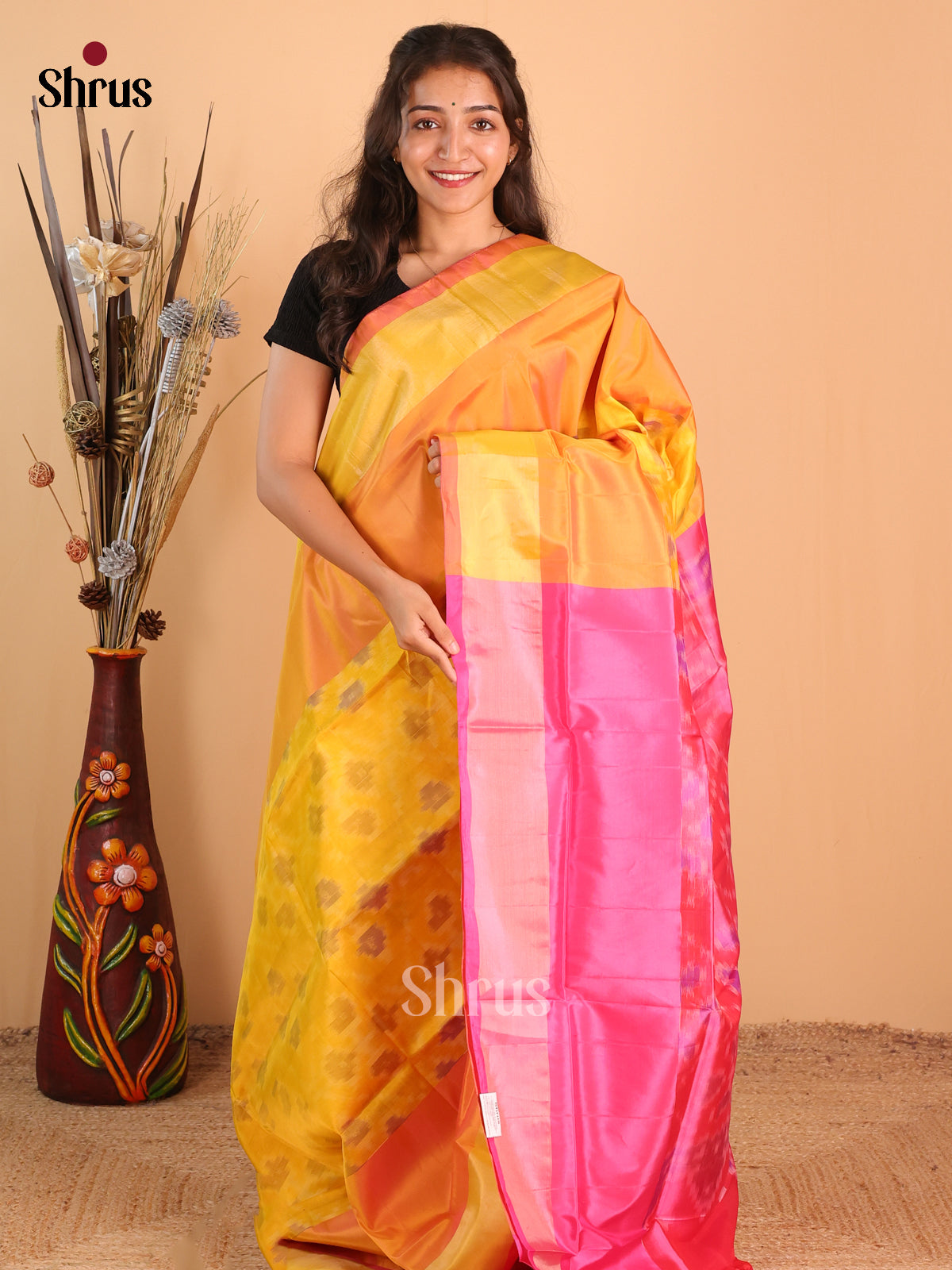 Yellow & Pink - Semi uppada  Saree - Shop on Shrus.com