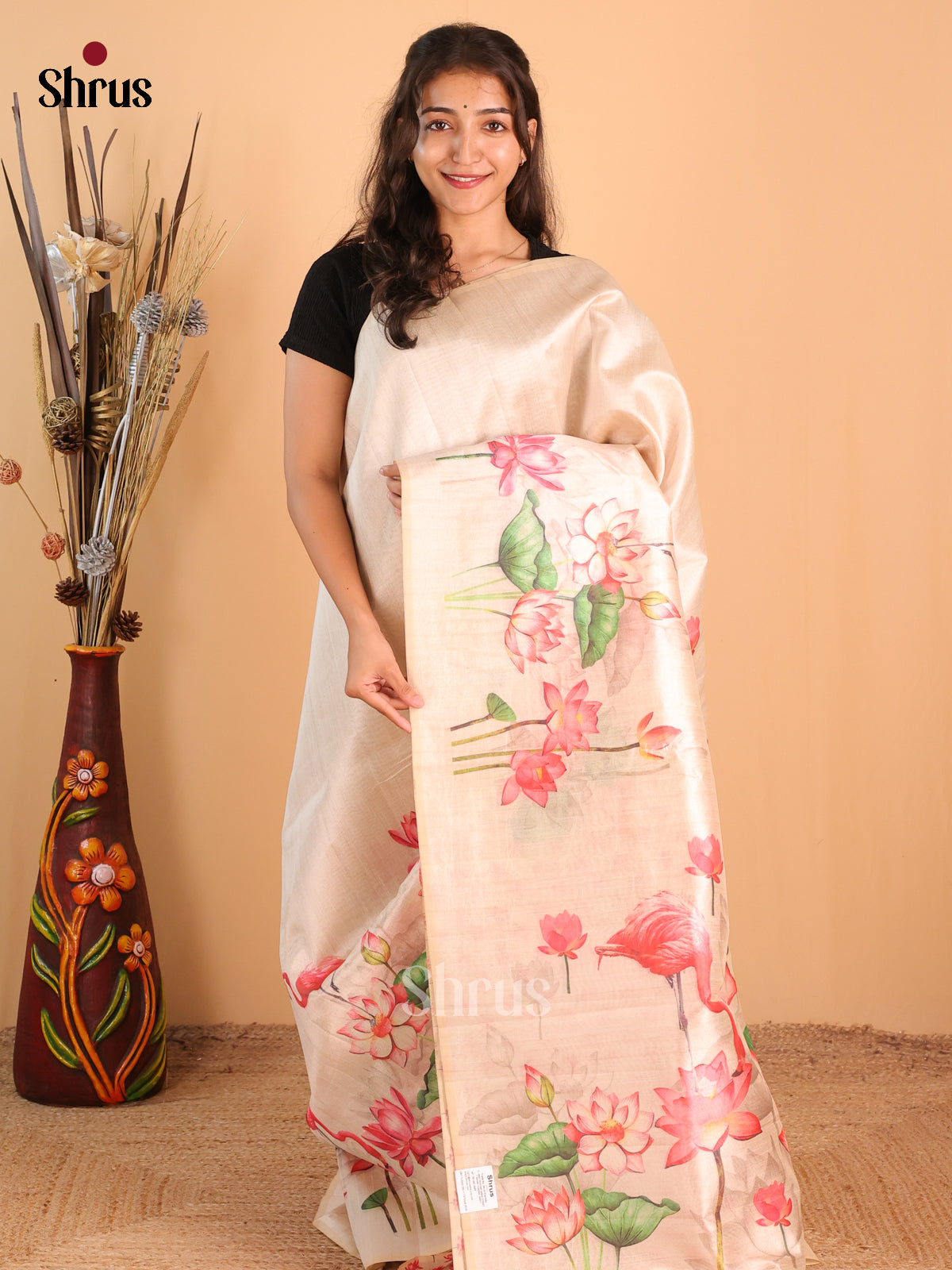 Peach - Semi Tussar Saree - Shop on Shrus.com