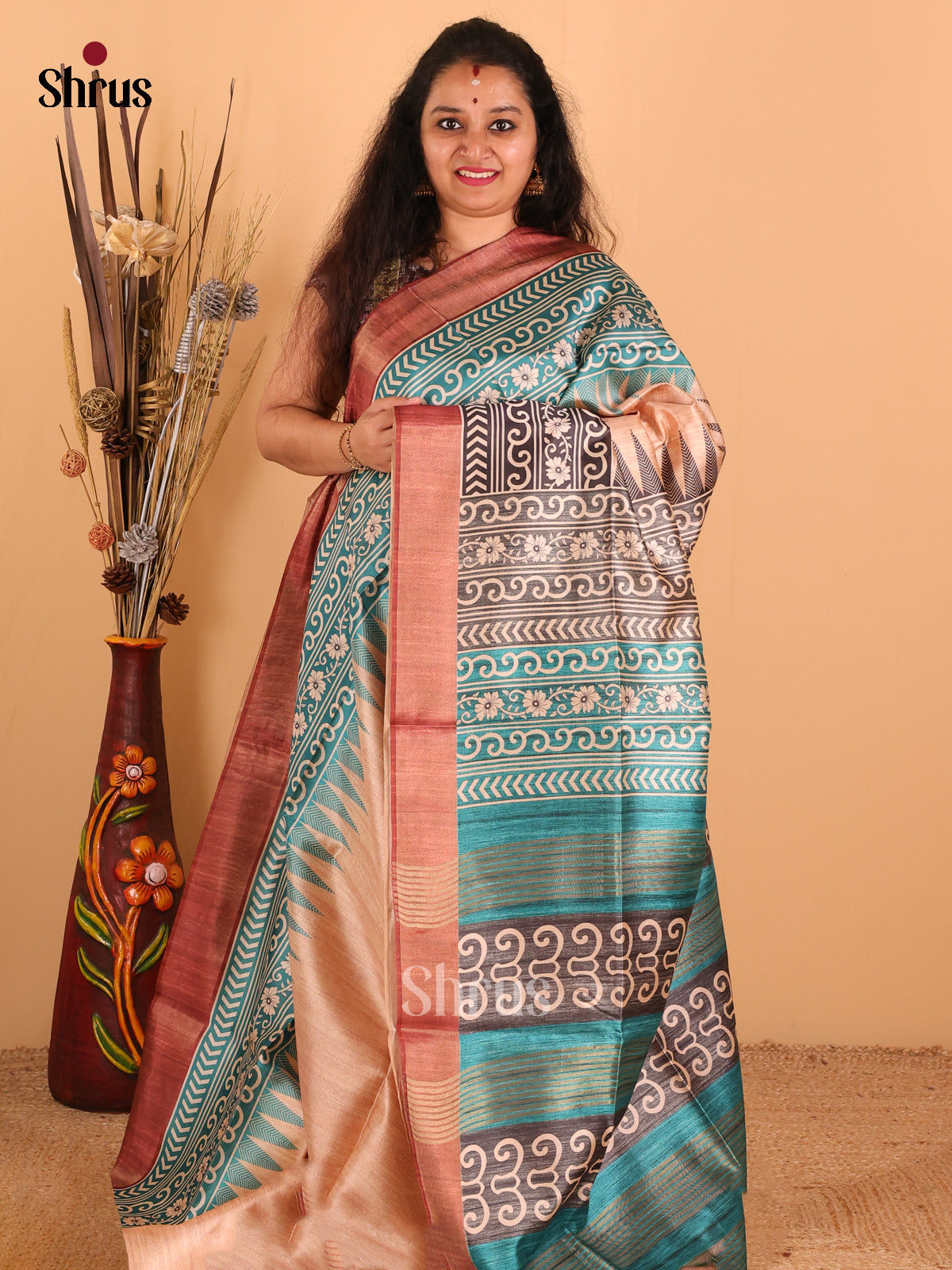 Teal Blue & Brown - Champa Semi Tussar Saree - DCS11008 - Shop on Shrus.com