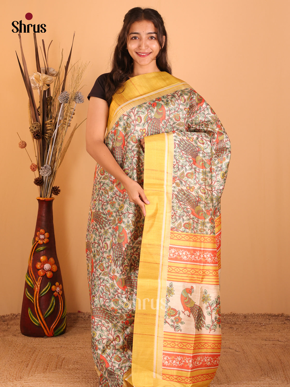 Cream & Mustard - Champa semitussar Saree - Shop on Shrus.com