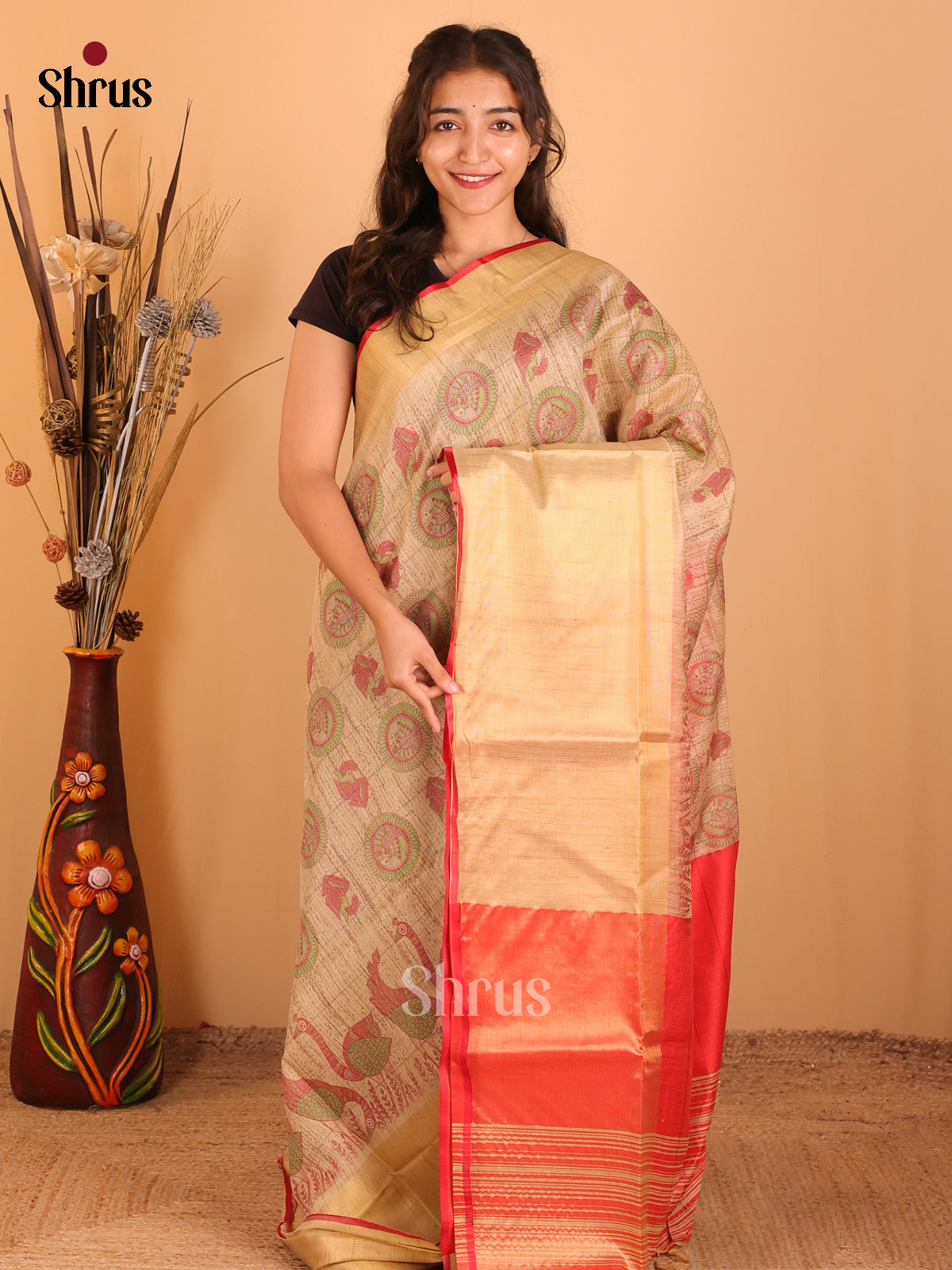 Cream & Red - Champa semitussar Saree - Shop on Shrus.com
