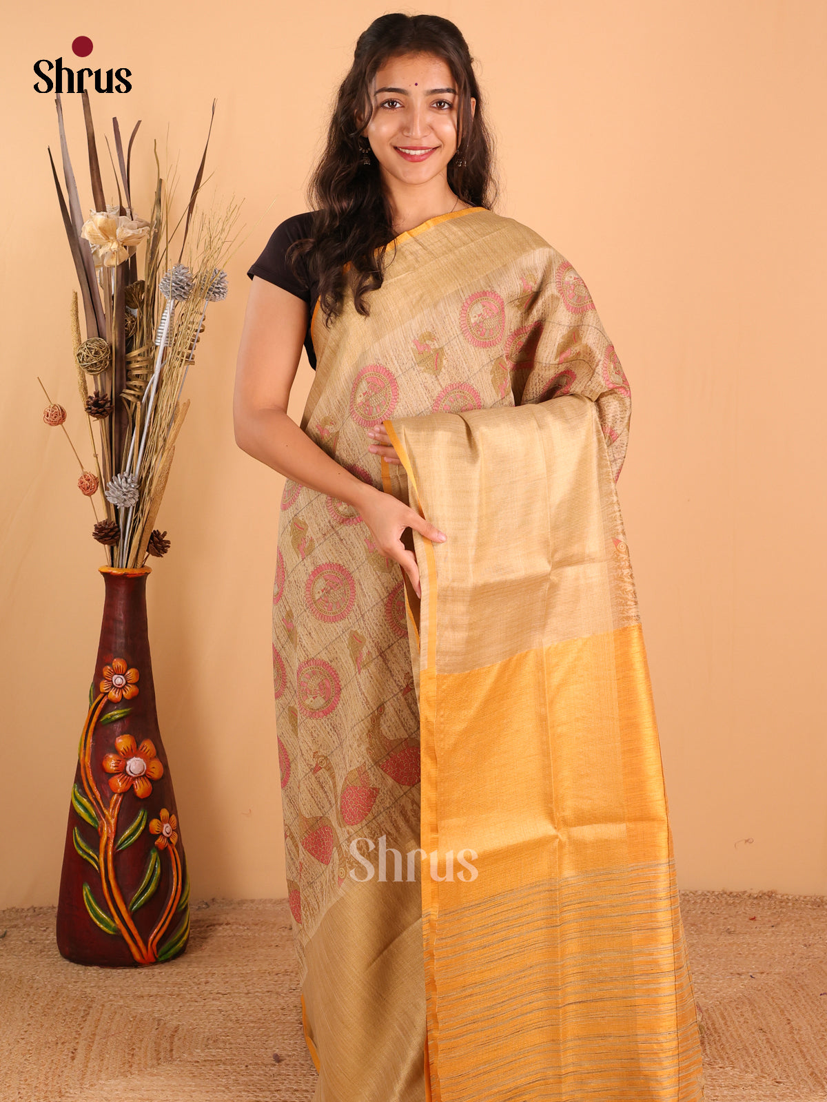 Sandal & Mustard - Champa Semitussa Saree - DCS11012 - Shop on Shrus.com