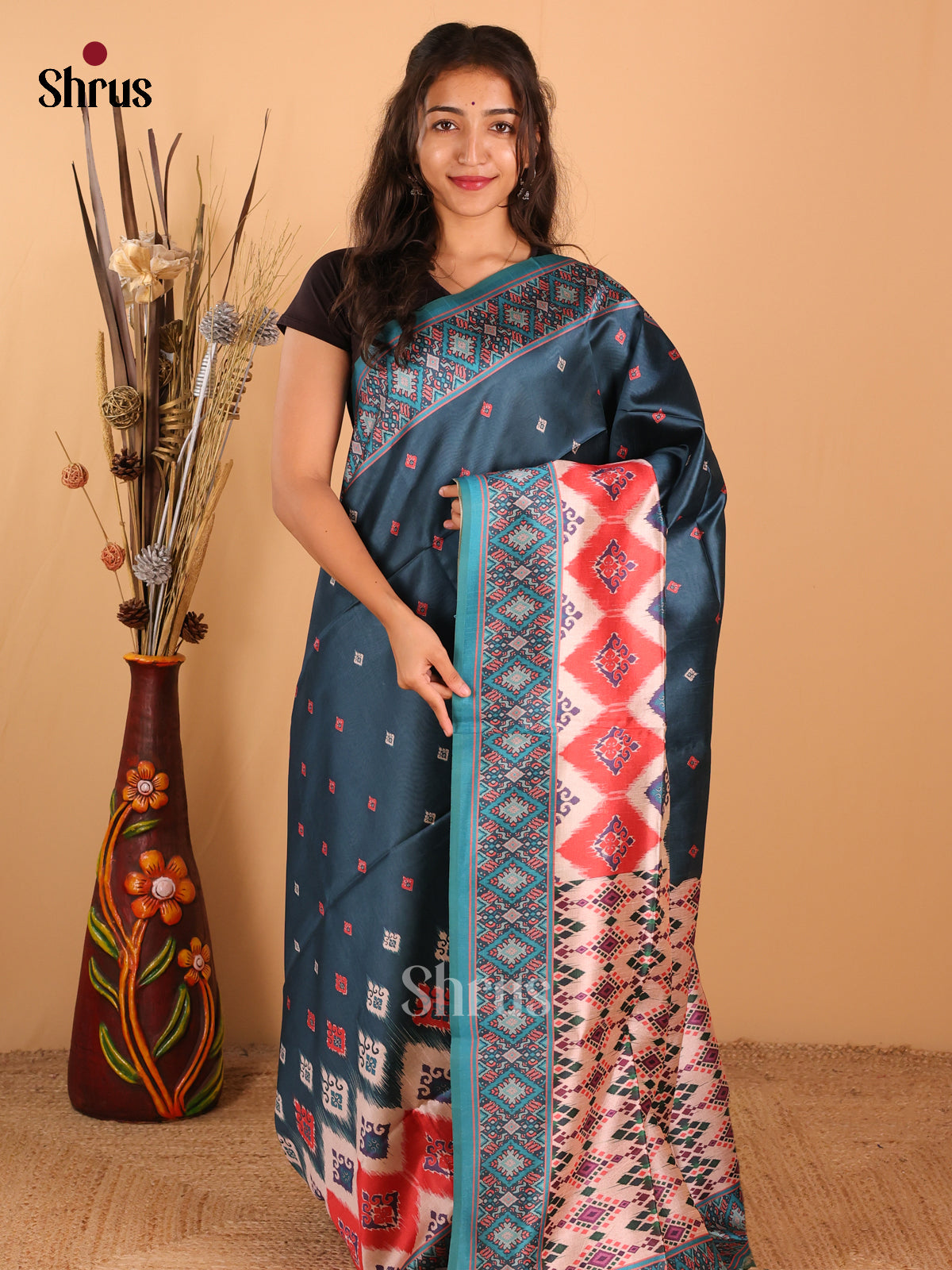 peacock Green &  cream - Champa Semitussa Saree - DCS11016 - Shop on Shrus.com