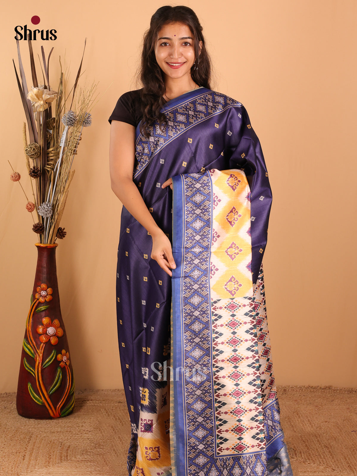 Dark deep blue &  indigo blue - Champa  semitussar Saree - DCS11017 - Shop on Shrus.com