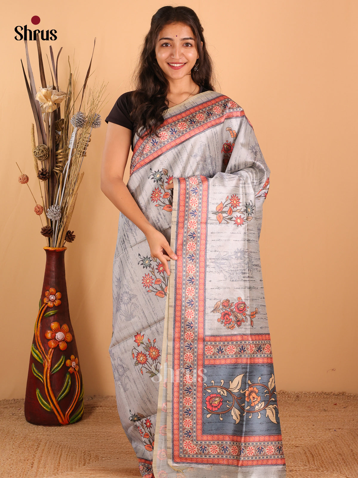 Grey & elephant Grey - Champa  semitussar Saree - DCS11019 - Shop on Shrus.com