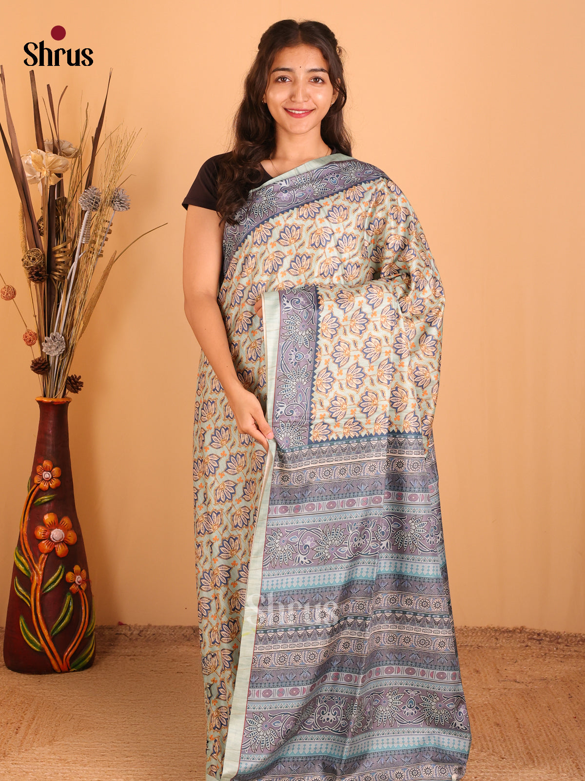 Cream & Blue - Champa semitussar Saree - Shop on Shrus.com