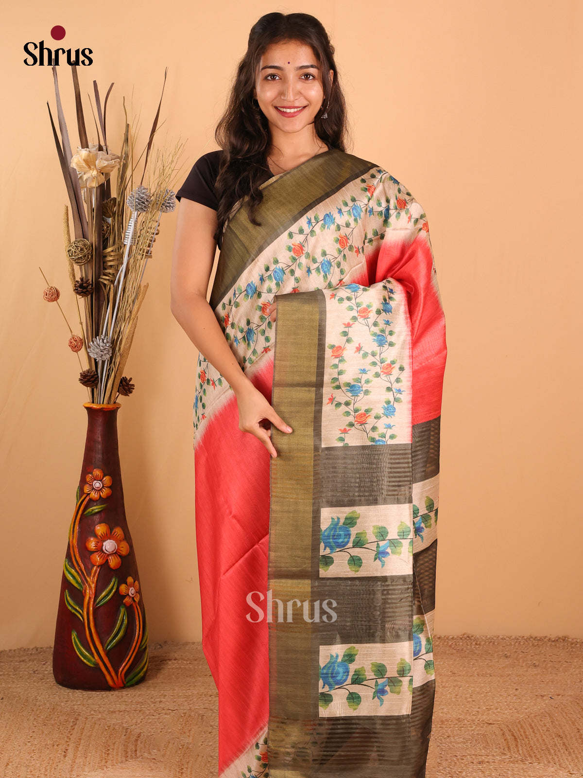 Dark orange & Olive Green - Champa Semi tussar Saree - DCS11036 - Shop on Shrus.com