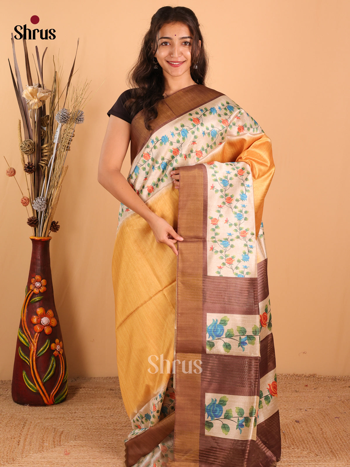 Golden Yellow & Brown - Champa  Semitussar Saree - DCS11038 - Shop on Shrus.com