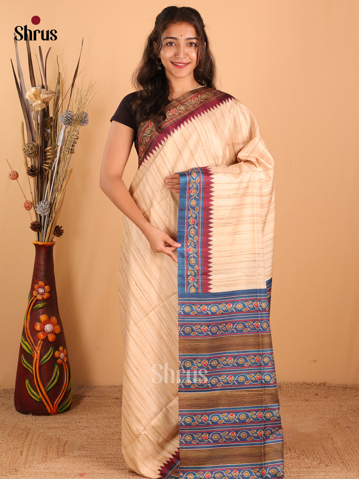 Cream &  Blue - Champa Semitussa Saree - DCS11041 - Shop on Shrus.com