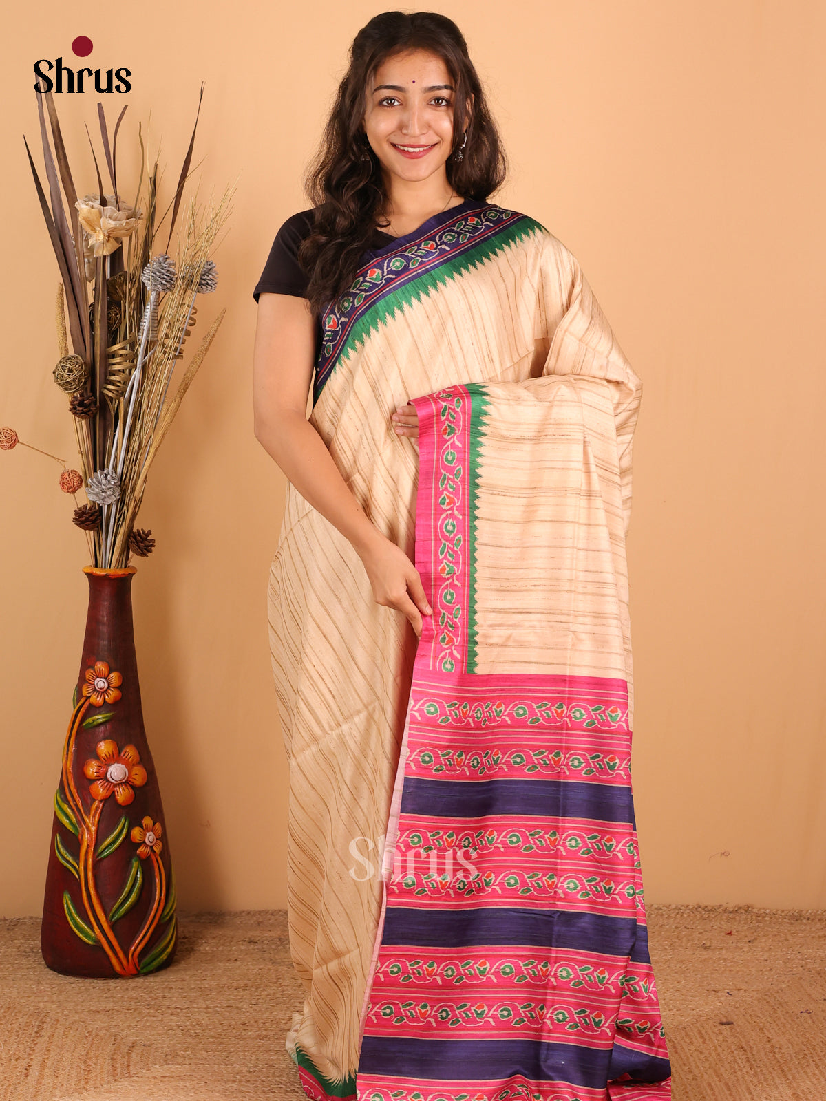 Sandal &  Navy blue - Champa  semitussar Saree - DCS11042 - Shop on Shrus.com