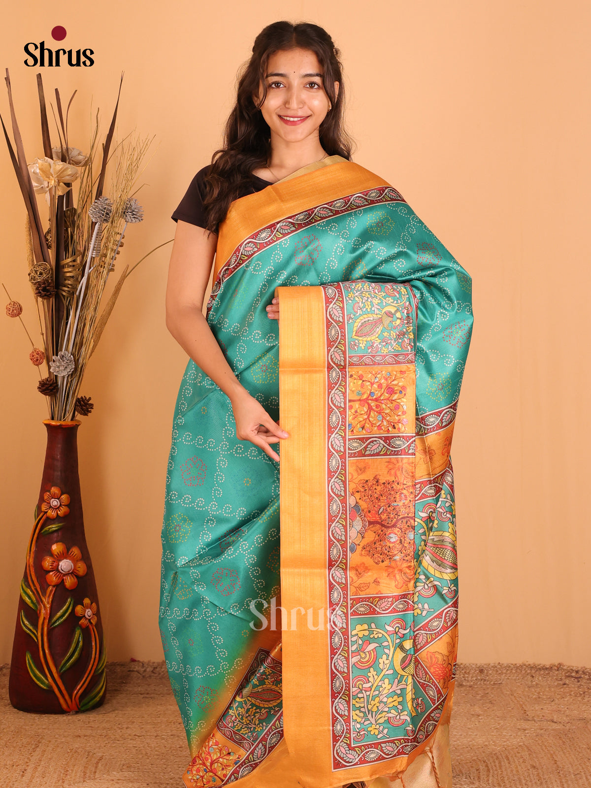 Green & Mustard - Champa semitussar Saree - Shop on Shrus.com