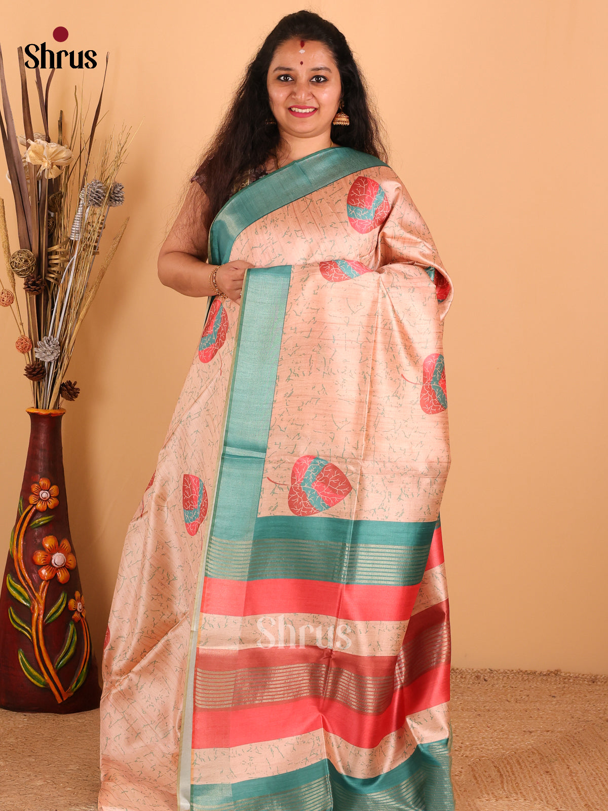 Peach & Sky Blue - & Champa Semi tussar Saree - DCS11059 - Shop on Shrus.com