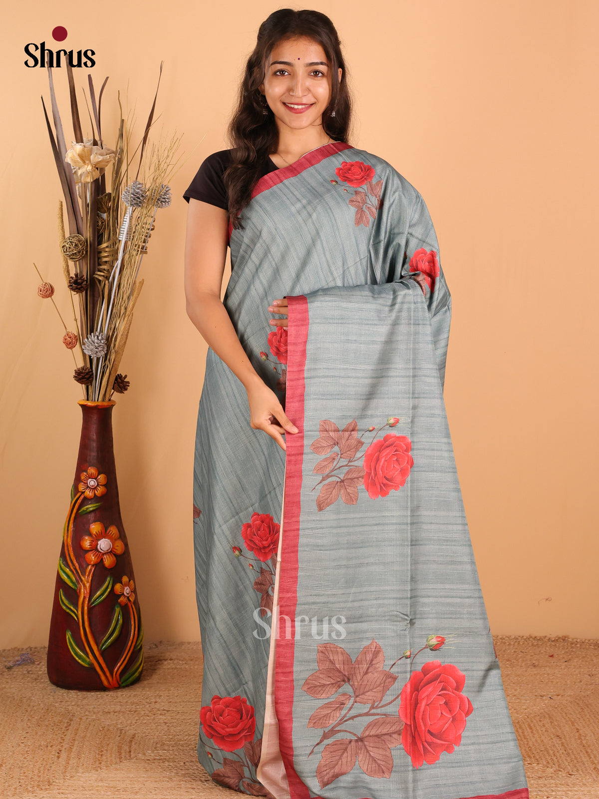 Grey & Dark pink - Champa  semitussar Saree - DCS11084 - Shop on Shrus.com