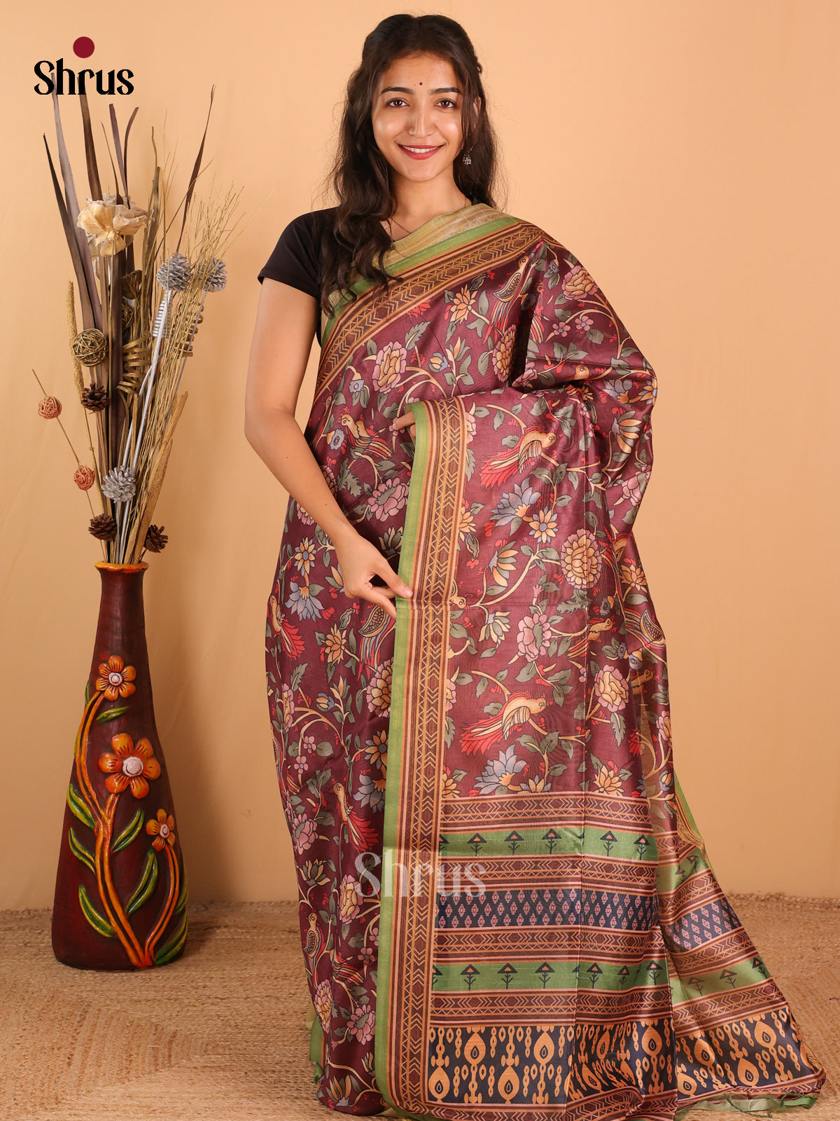Dark brown & Green - Champa Semitussa Saree - DCS11091 - Shop on Shrus.com