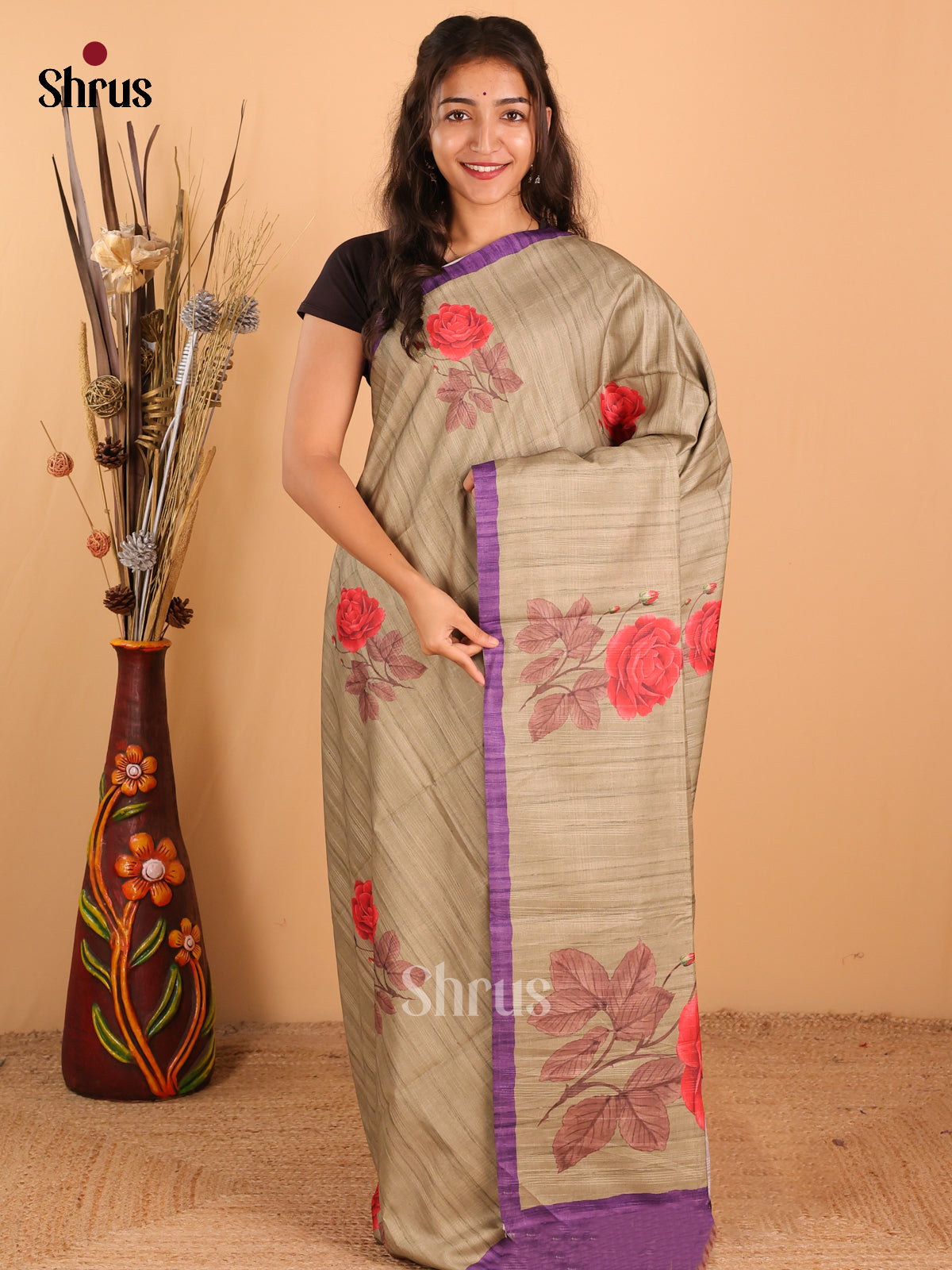 Pastel Green &  violet - Champa  semitussar Saree - DCS11095 - Shop on Shrus.com