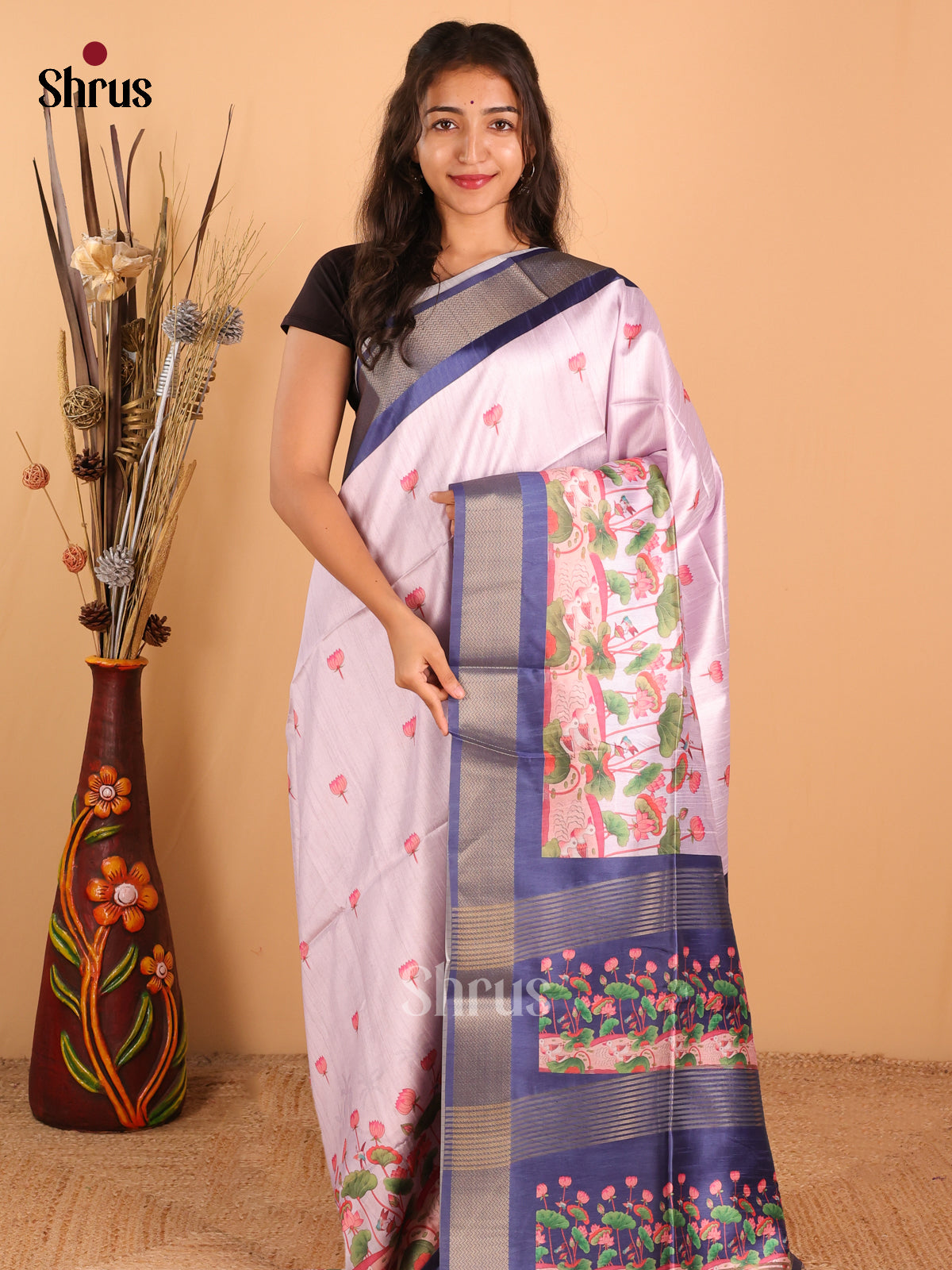 Light  lavender & Navy Blue - Champa Semitussa Saree - DCS11118 - Shop on Shrus.com