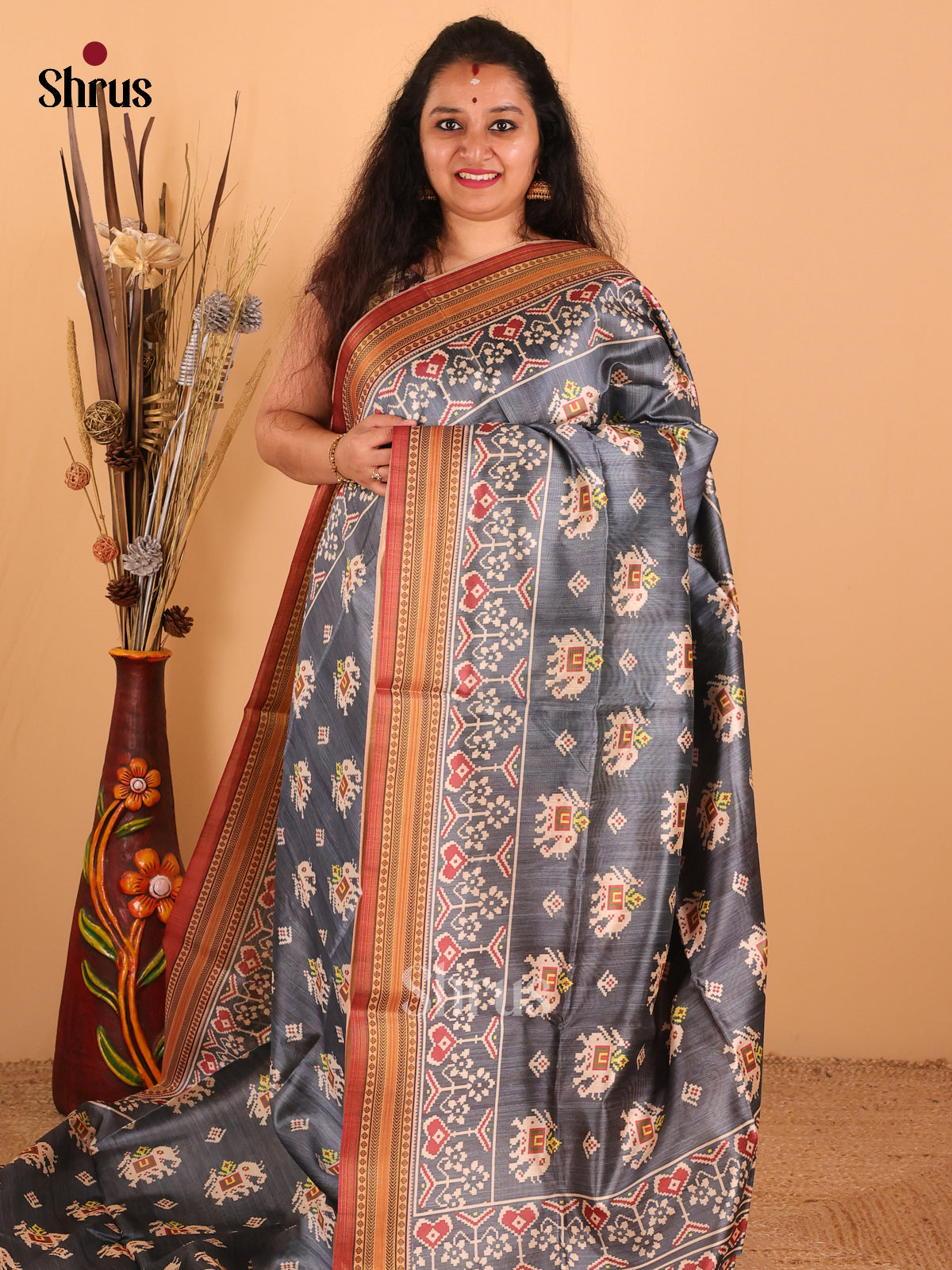 Elephant Grey & Brown - Champa Semi tussar Saree - DCS11136 - Shop on Shrus.com