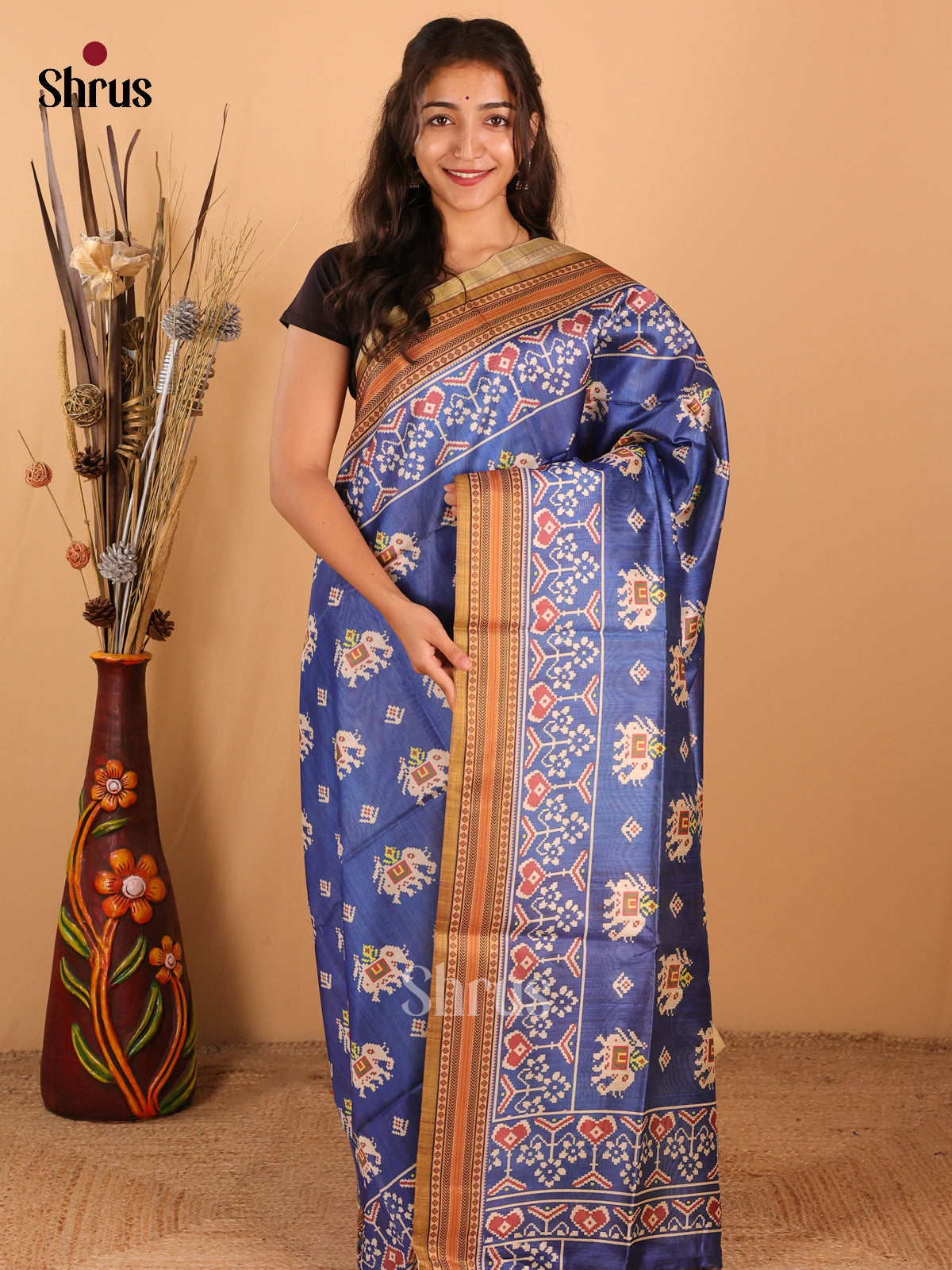 Indigo Blue & Brown - Champa Semitussa Saree - DCS11138 - Shop on Shrus.com