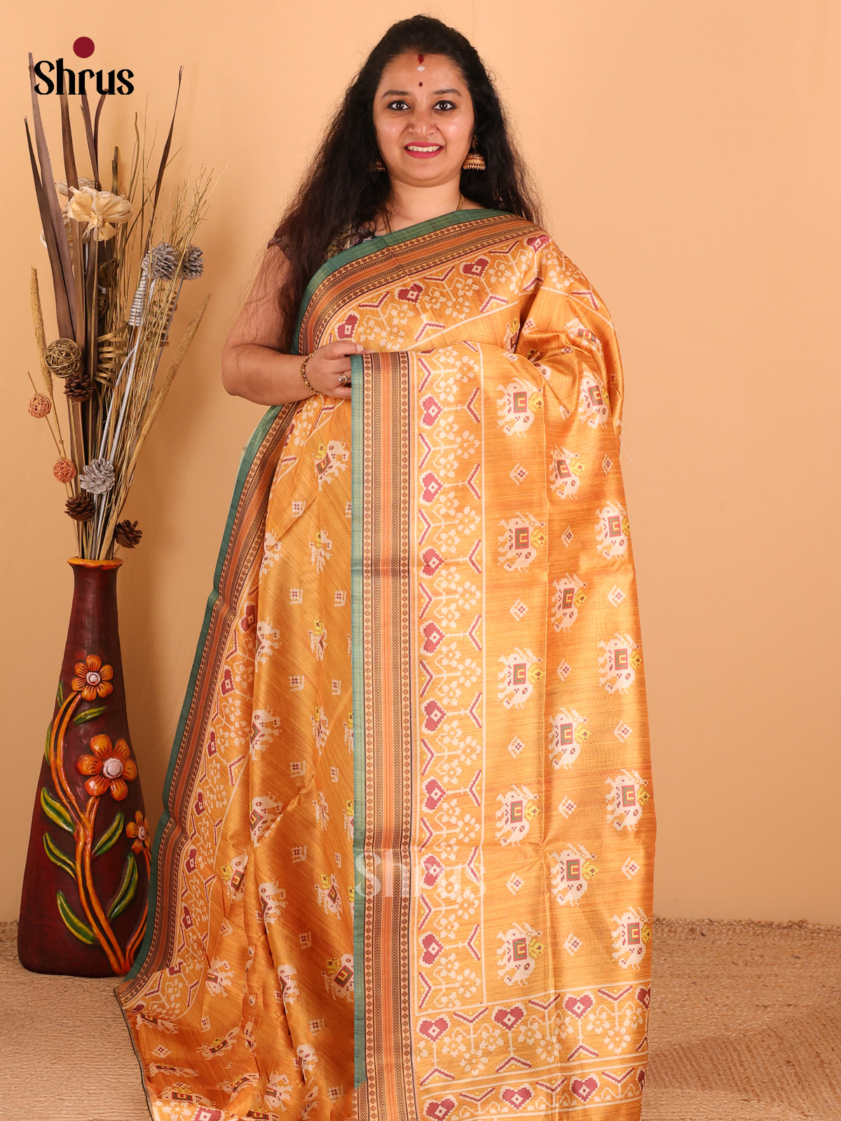 Mustard & Green - Champa Semi Tussar Saree - DCS11151 - Shop on Shrus.com