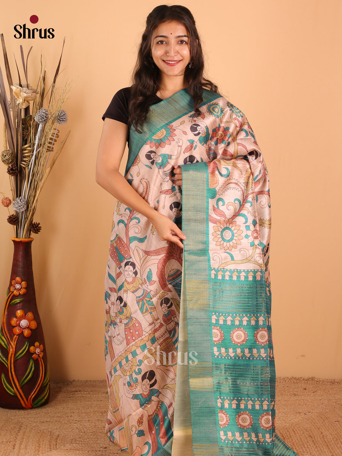 Sandal & Teal Blue - Champa Semitussa Saree - DCS11158 - Shop on Shrus.com