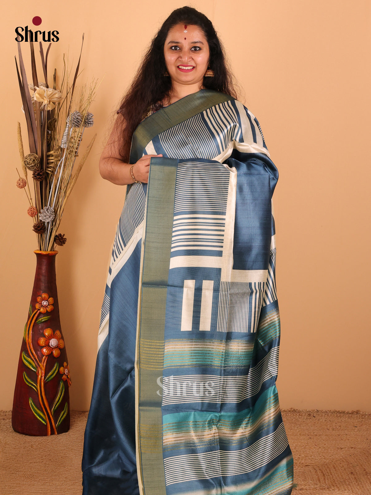 Peacock blue & Peacock Green - Champa Semi tussar Saree - DCS11161 - Shop on Shrus.com
