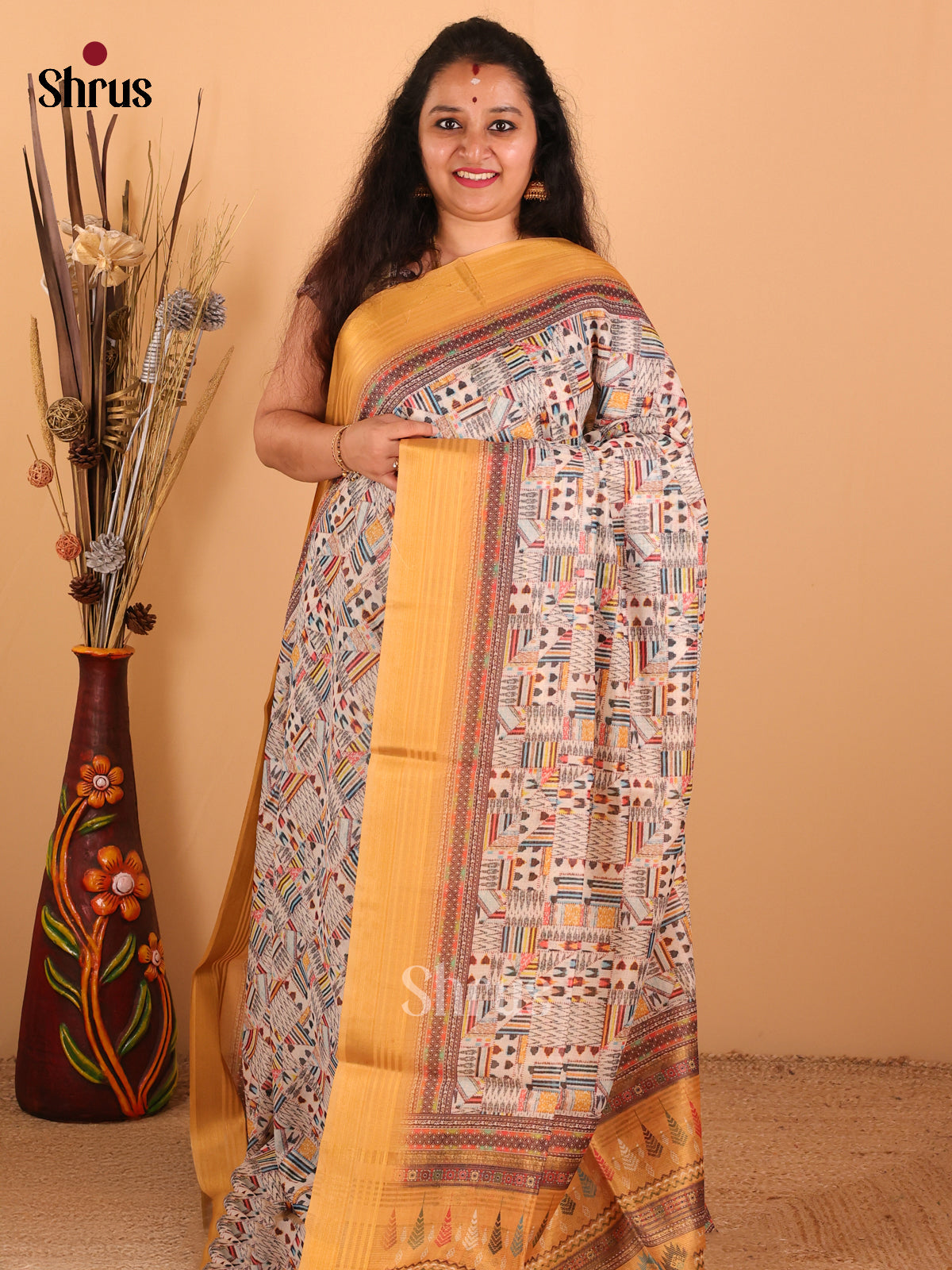 Cream & Mustard - Champa Semi Tussar Saree - DCS11165 - Shop on Shrus.com
