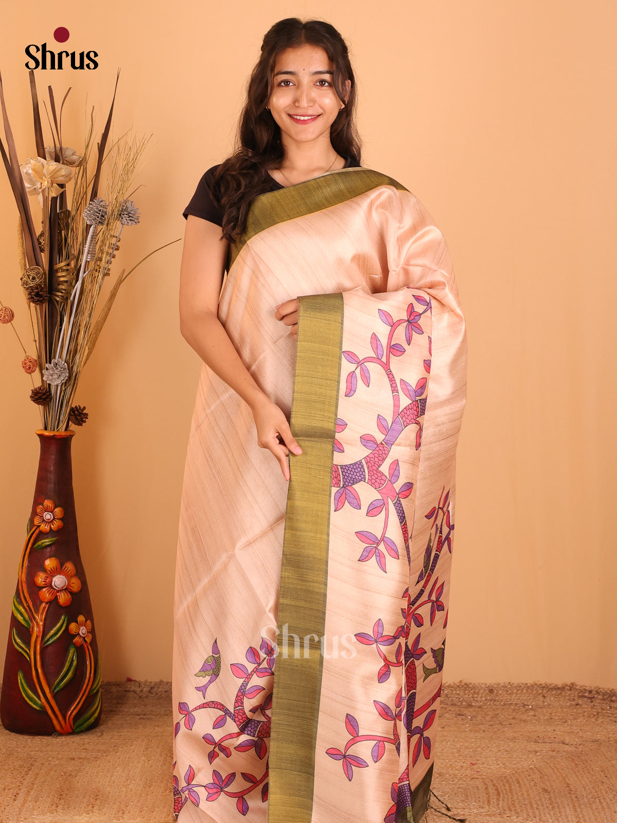 Peach & Green - Champa semitussar Saree - Shop on Shrus.com