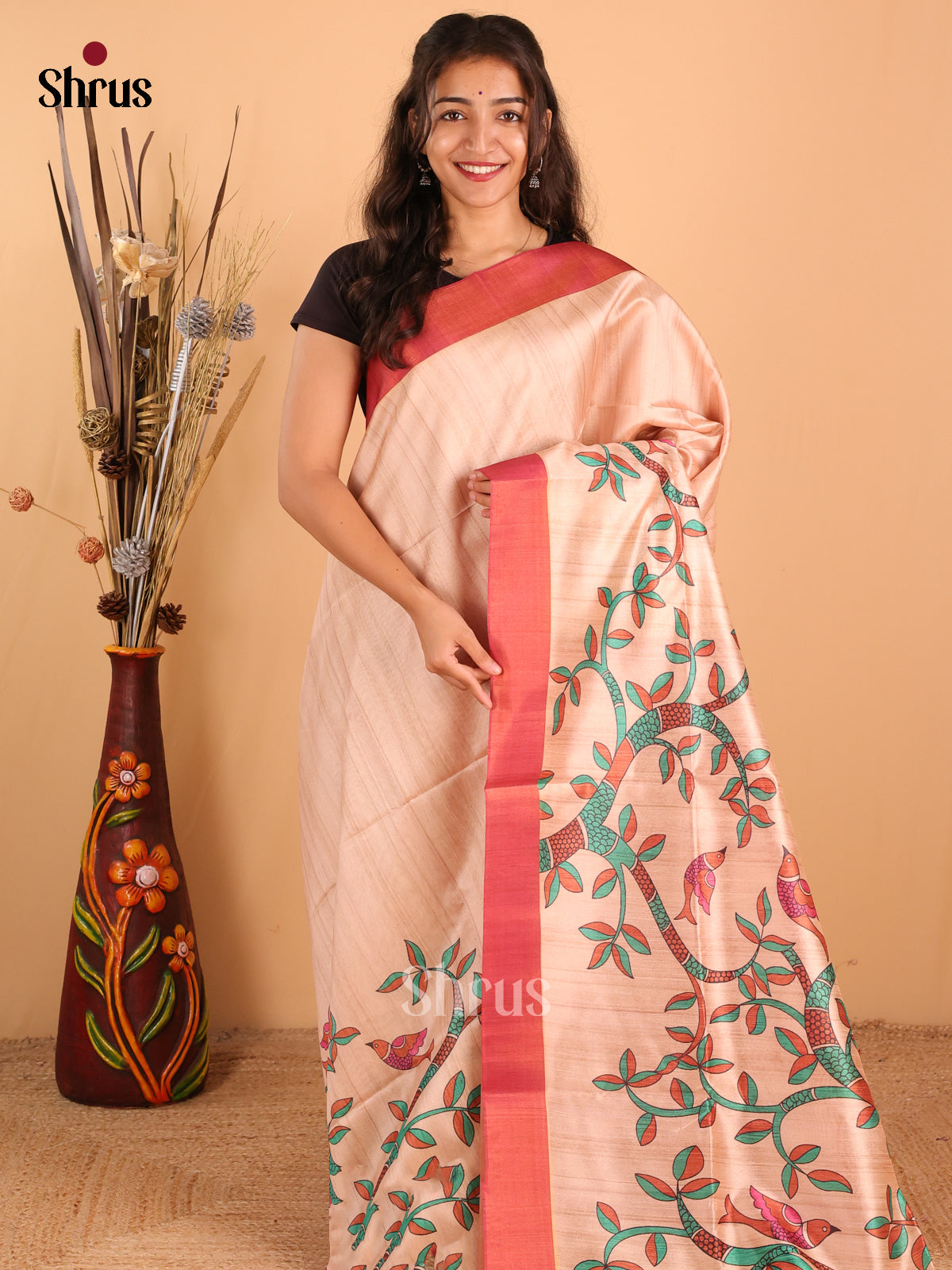 Beige & Dark  Pink - Champa  Semitussar Saree - DCS11176 - Shop on Shrus.com