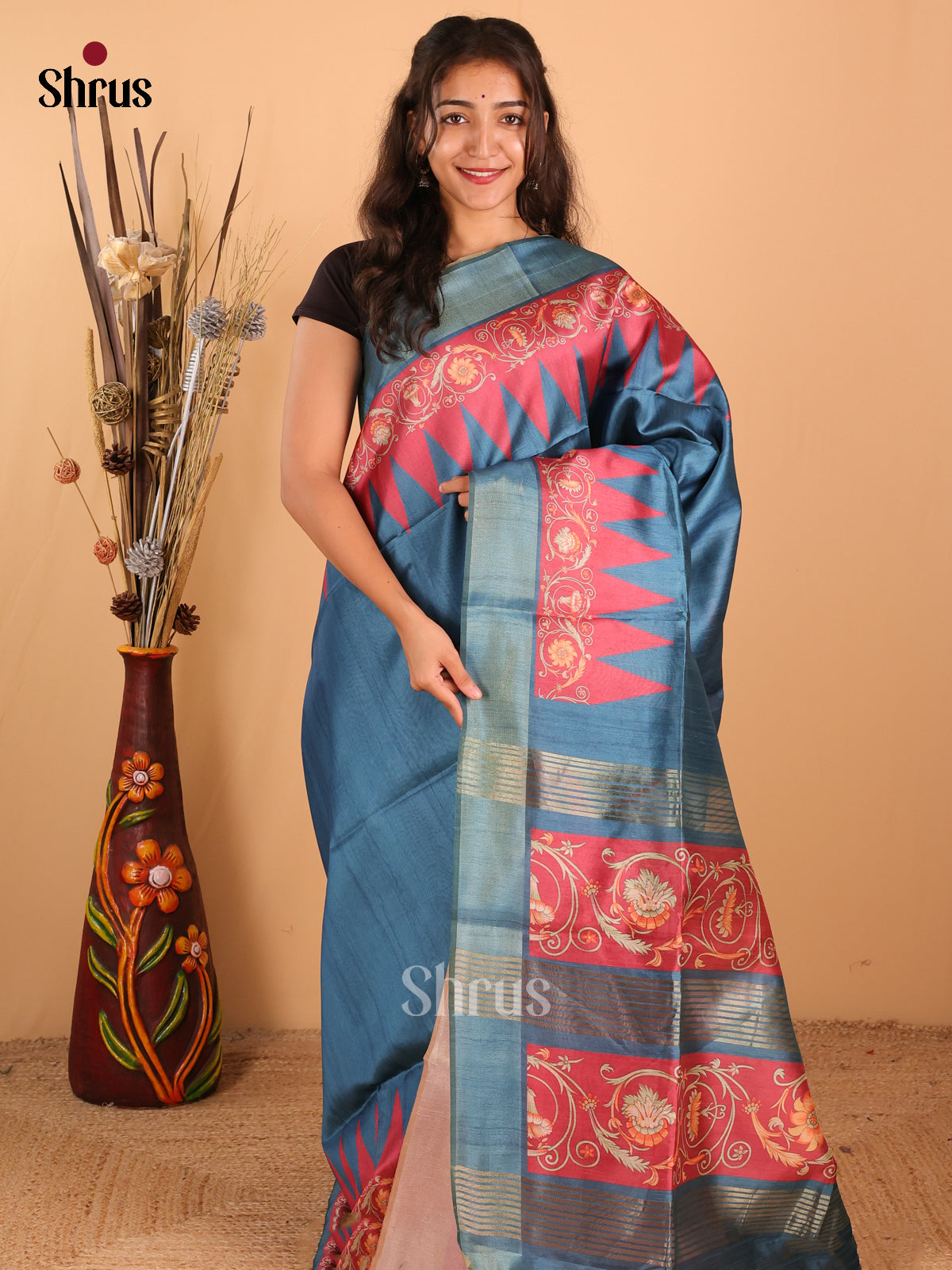Peacock blue & Maroon - Champa Semitussa Saree - DCS11182 - Shop on Shrus.com