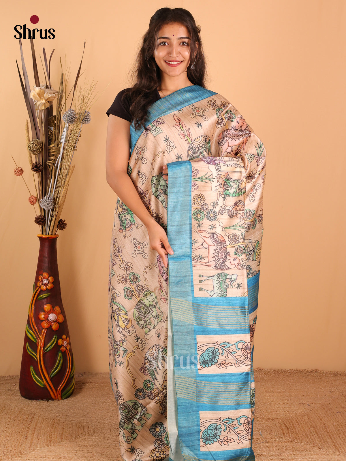 Cream & Teal Blue - Champa Semitussa Saree - DCS11193 - Shop on Shrus.com