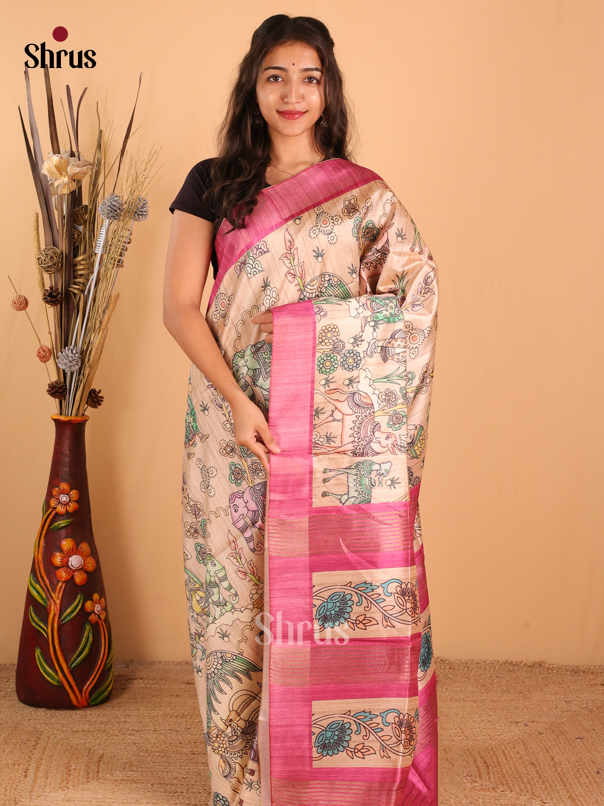 Cream & Dark onion Pink - Champa Semi Tussar Saree - DCS11194 - Shop on Shrus.com