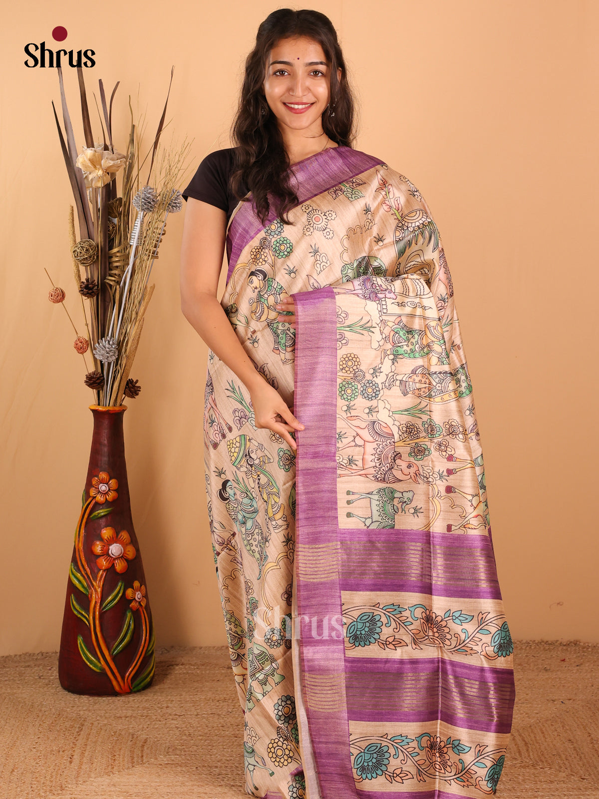 Sandal & Purple - Champa Semitussa Saree - DCS11195 - Shop on Shrus.com
