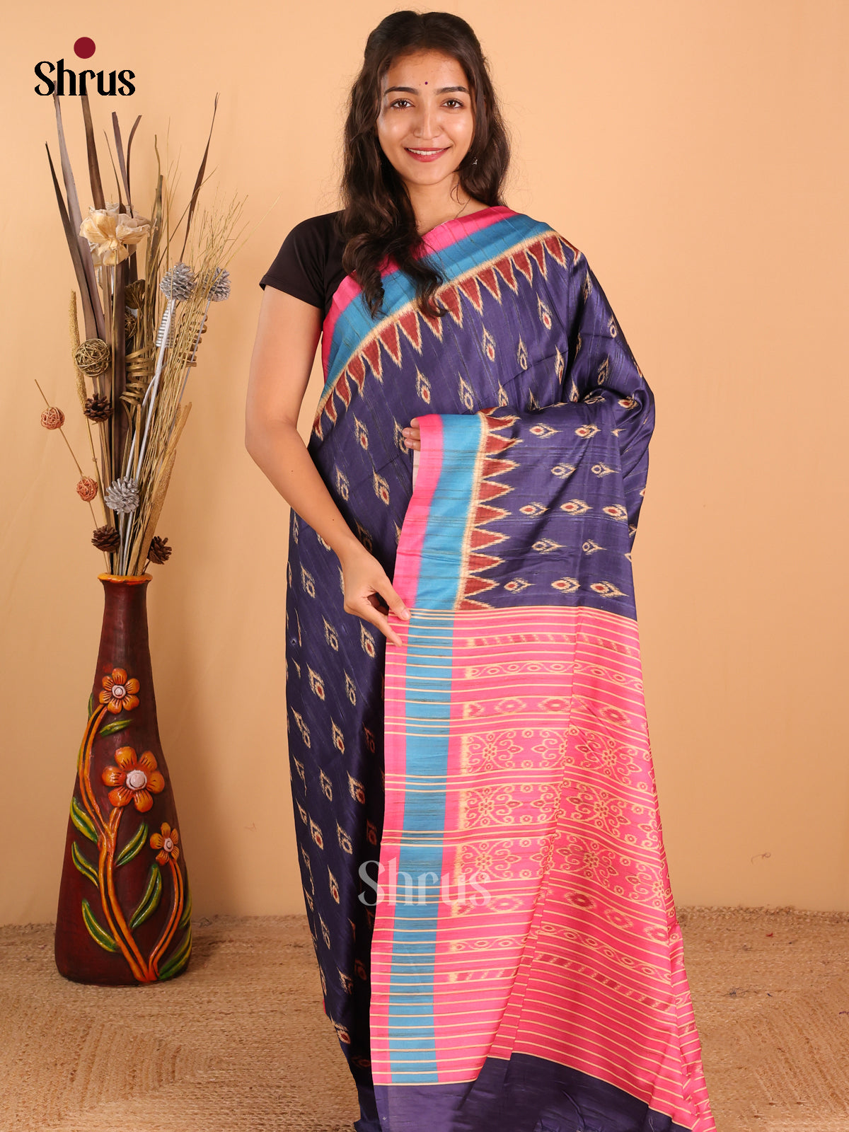 Dark Navy blue &  pink - Champa Semitussa Saree - DCS11202 - Shop on Shrus.com