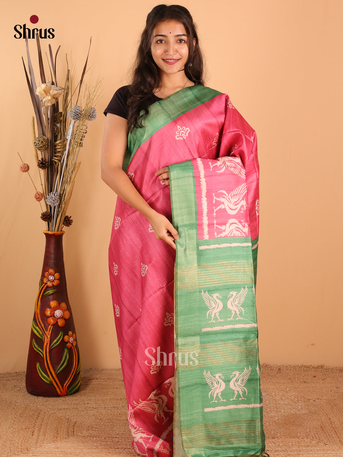 Dark onion pink &  Green - Champa Semitussa Saree - DCS11207 - Shop on Shrus.com