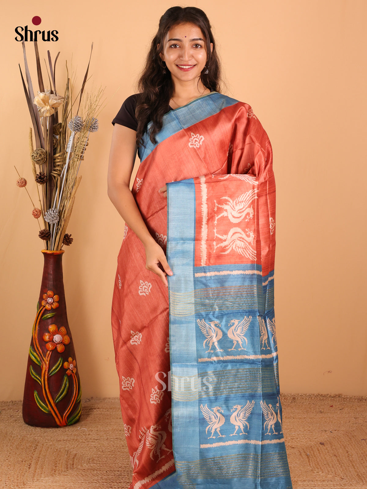 Dark orange & sky blue - Champa Semitussa Saree - DCS11213 - Shop on Shrus.com