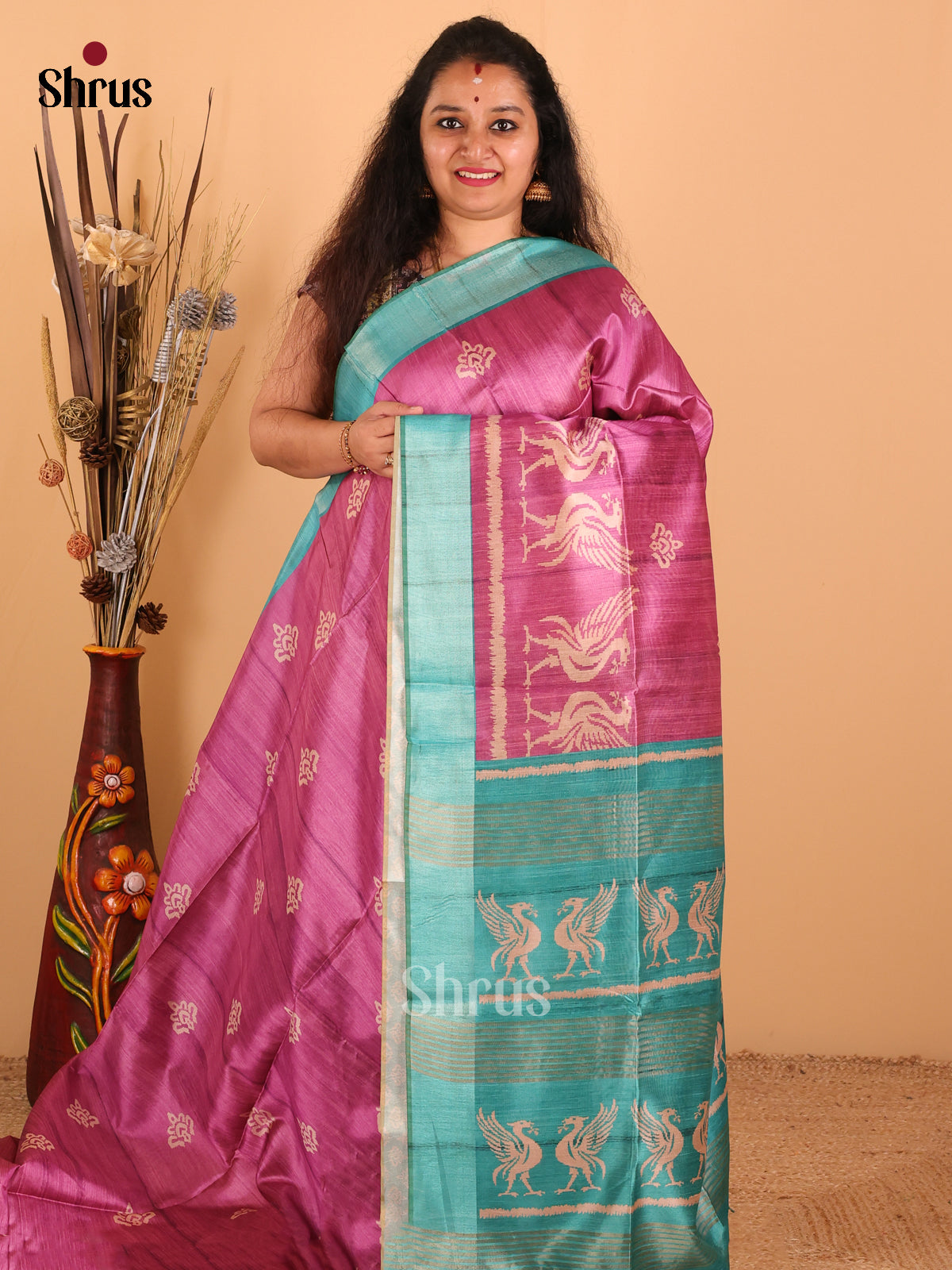 Dark Onion Pink & Green - Champa Semi Tussar  Saree - DCS11214 - Shop on Shrus.com