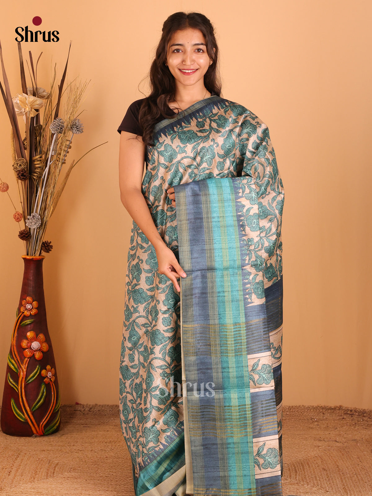 Peach & Grey- Champa semitussar Saree - Shop on Shrus.com
