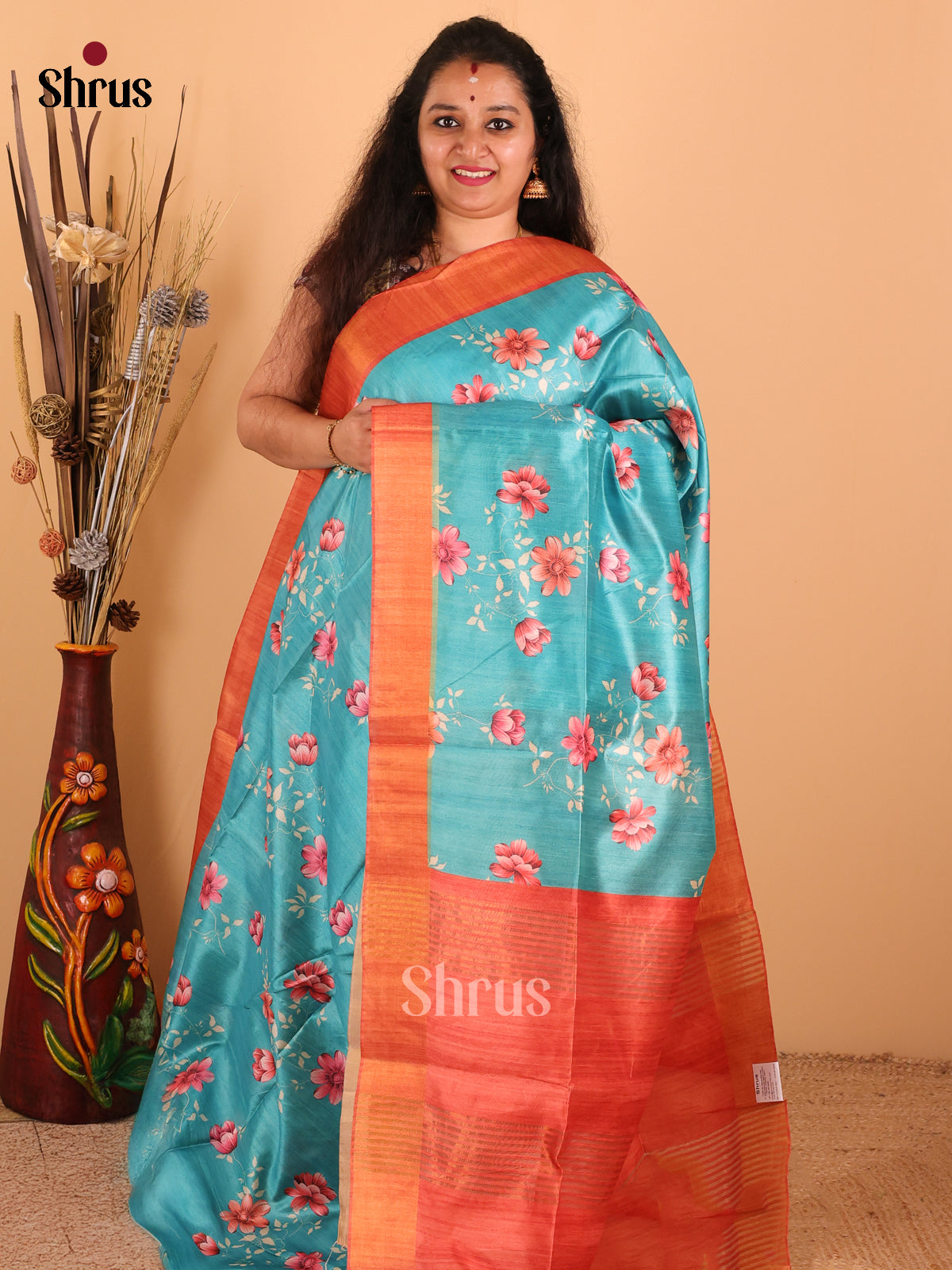 Rama blue & Rust - Champa Semi Tussar Saree - DCS11230 - Shop on Shrus.com