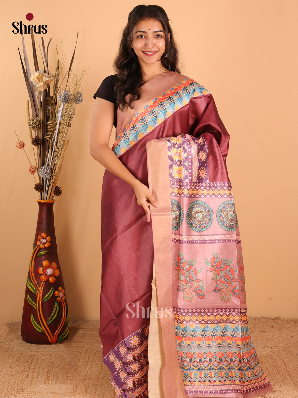 Brown & Light onion  Pink - Champa Semitussa Saree - DCS11231 - Shop on Shrus.com