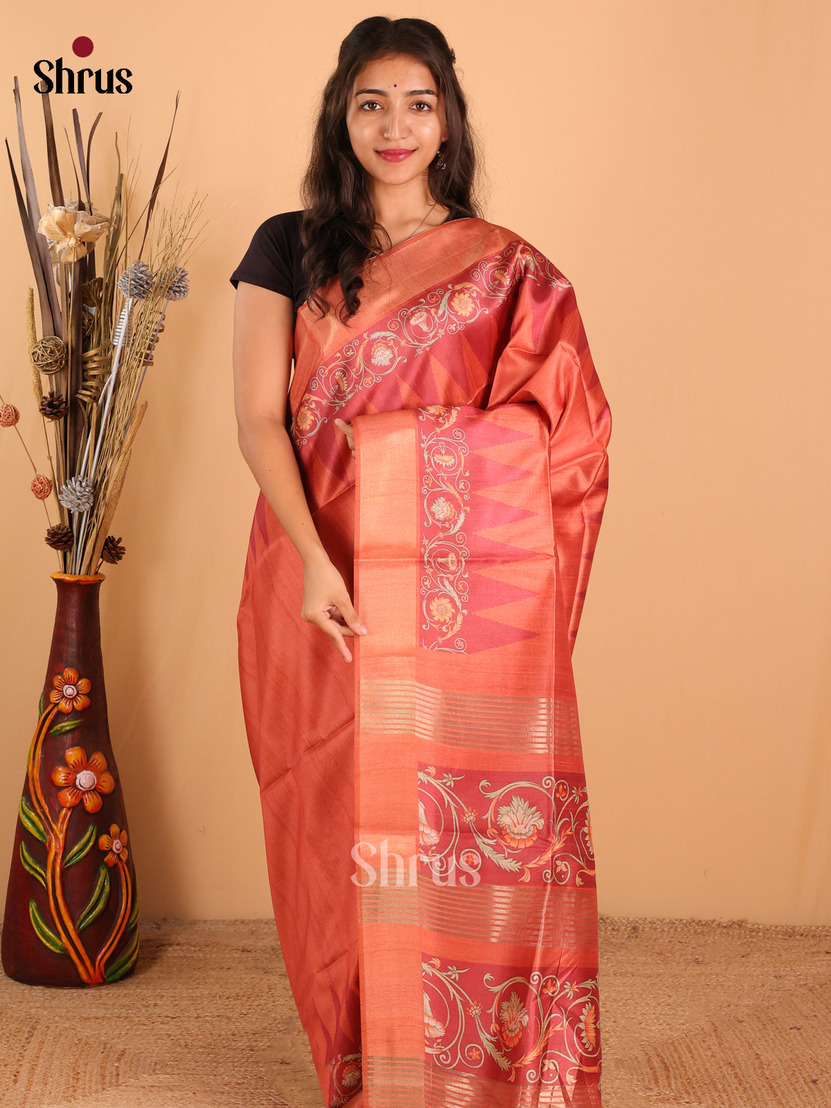 Dark Orange & Pastel Maroon - Champa Semitussa Saree - DCS11232 - Shop on Shrus.com